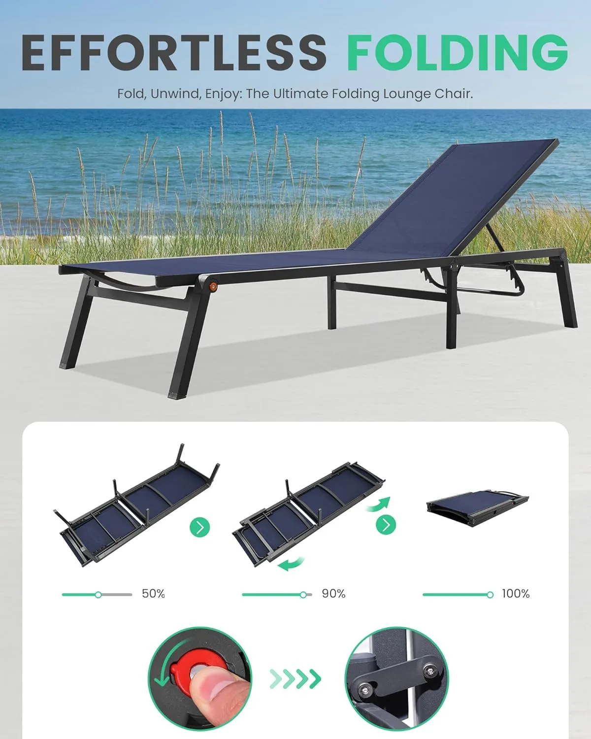 JEAREY Aluminum Chaise Lounge Chair Outdoor, Foldable & Assemble Free Patio Lounge Chair with Adjustable 5-Position Recliner Back Tanning Chair for Lawn, Pool, Beach, Navy