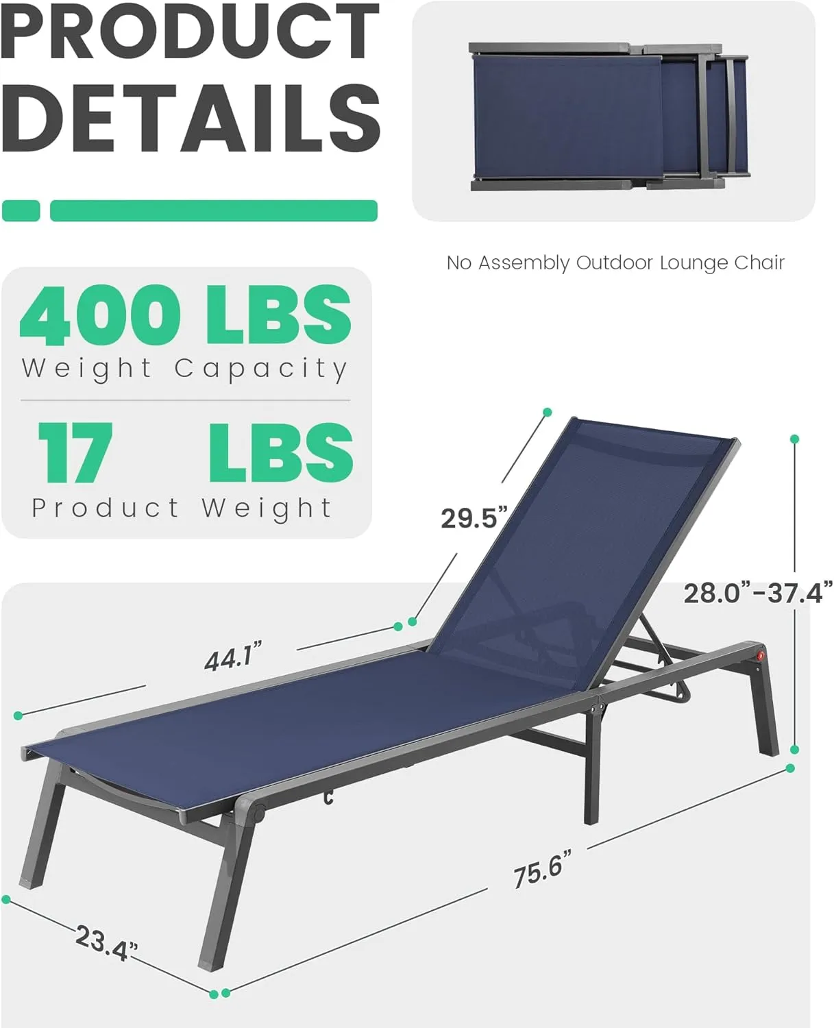 JEAREY Aluminum Chaise Lounge Chair Outdoor, Foldable & Assemble Free Patio Lounge Chair with Adjustable 5-Position Recliner Back Tanning Chair for Lawn, Pool, Beach, Navy