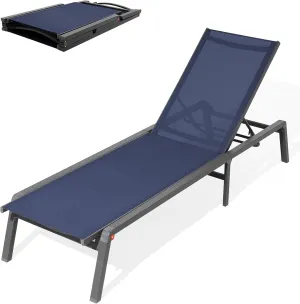 JEAREY Aluminum Chaise Lounge Chair Outdoor, Foldable & Assemble Free Patio Lounge Chair with Adjustable 5-Position Recliner Back Tanning Chair for Lawn, Pool, Beach, Navy