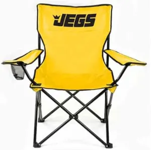 JEGS Folding Chair | Yellow Canvas With Black JEGS Logo | Black Powder Coated Frame | Capacity 250 LBS | Total Height 36” | Includes Mesh Cup Holder And Storage Bag With Strap