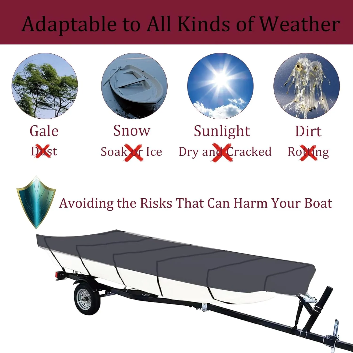 Jon Boat Cover 420D Solution-Dyed Oxford Fabric 12-14ft Heavy Duty Trailerable Jon Boat Cover Waterproof UV Resistant Marine Grade Reinforced Adjustable Side Straps, Grey