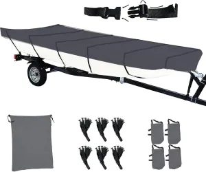 Jon Boat Cover 420D Solution-Dyed Oxford Fabric 12-14ft Heavy Duty Trailerable Jon Boat Cover Waterproof UV Resistant Marine Grade Reinforced Adjustable Side Straps, Grey