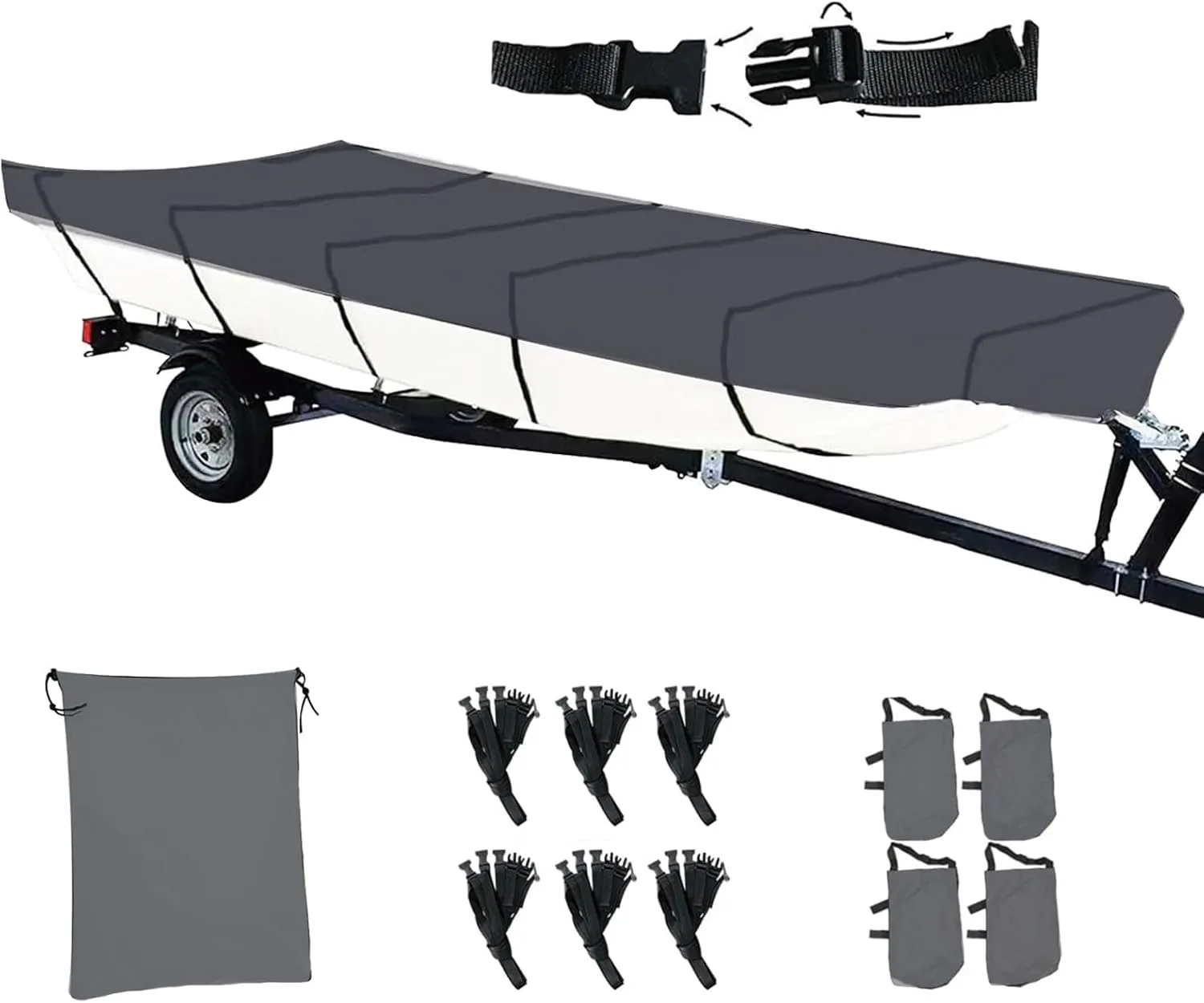 Jon Boat Cover 420D Solution-Dyed Oxford Fabric 12-14ft Heavy Duty Trailerable Jon Boat Cover Waterproof UV Resistant Marine Grade Reinforced Adjustable Side Straps, Grey