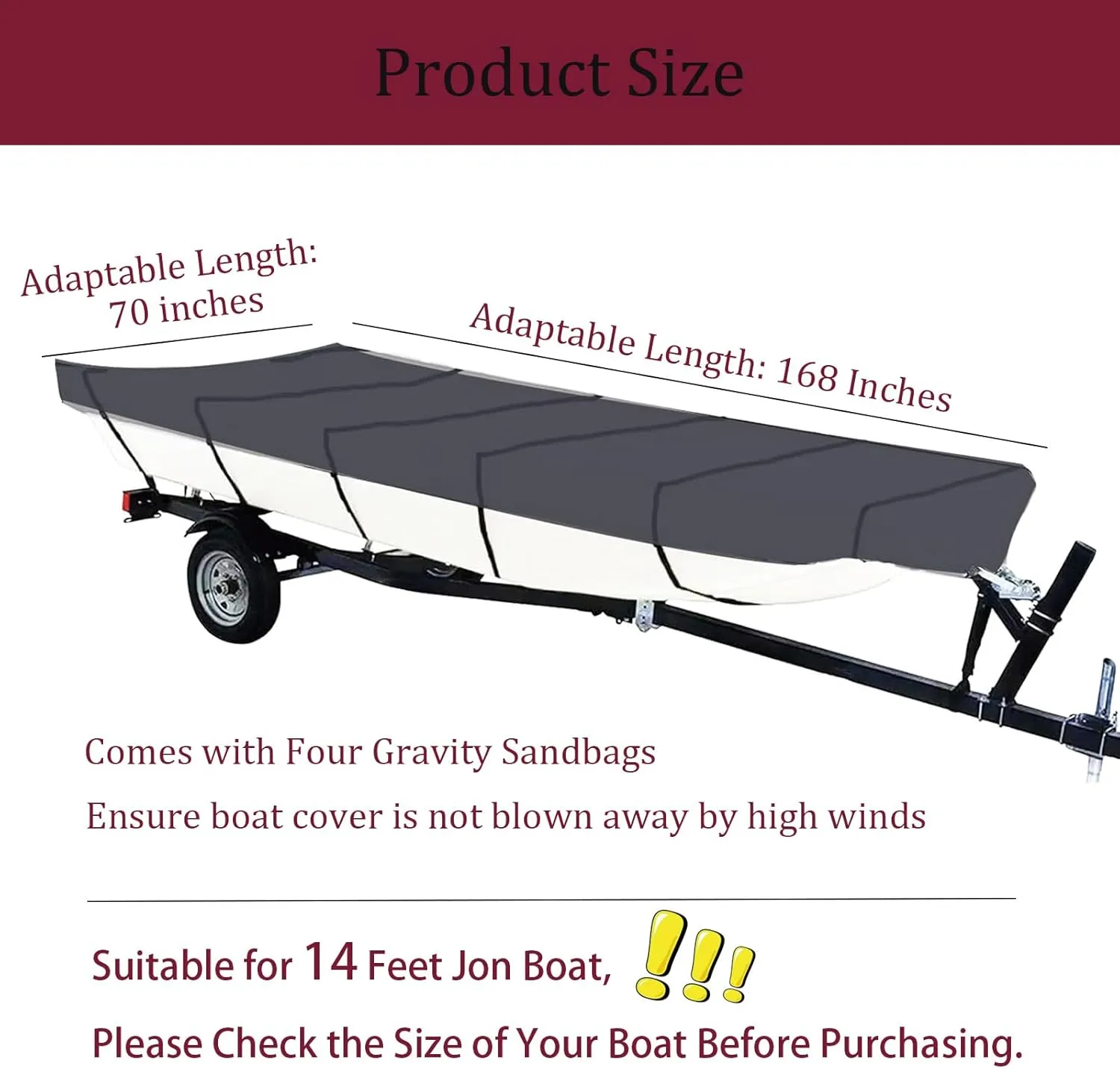 Jon Boat Cover 420D Solution-Dyed Oxford Fabric 12-14ft Heavy Duty Trailerable Jon Boat Cover Waterproof UV Resistant Marine Grade Reinforced Adjustable Side Straps, Grey