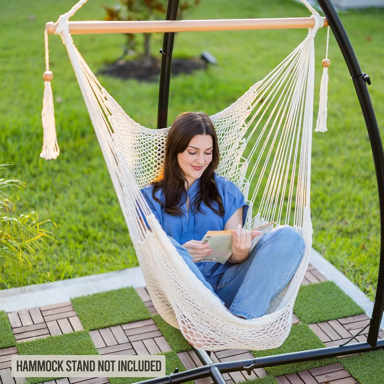 JoyView Hammock Chair with Spreader Bar Caribbean Hammock Swing Chair 300 LBS Weight Capacity XL Rope Hanging Chair for Outdoor Indoor Garden Yard - Black