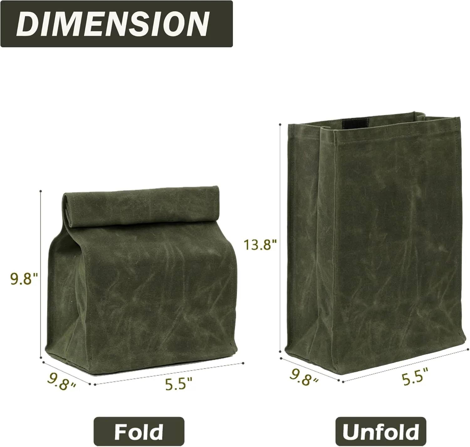 Kaaltisy Heavy Duty 16oz Waxed Canvas Lunch Bag, Foldable Lunch Box with Hook & Loop, Reusable Meal Holder for Men Women - Army Green - Hard Feel