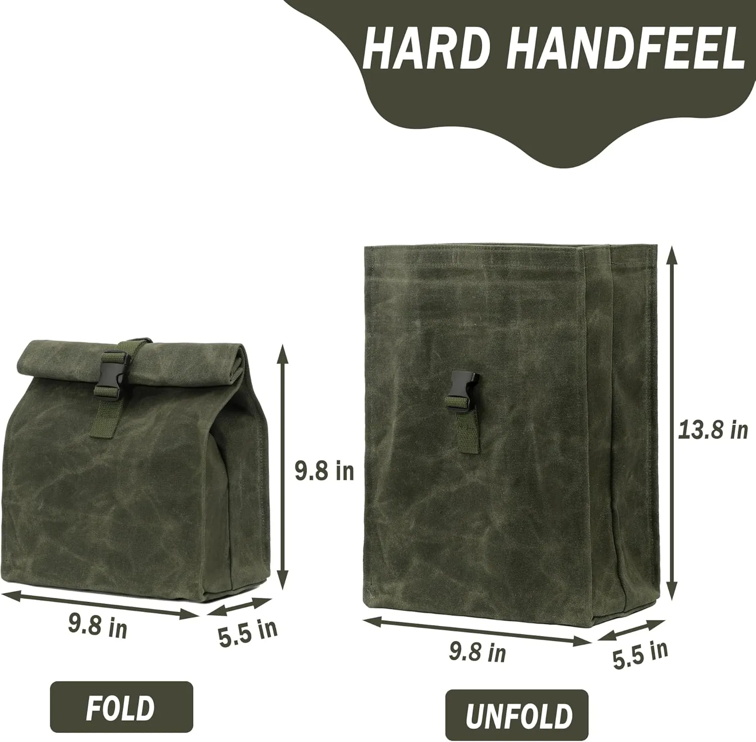 Kaaltisy Heavy Duty Lunch Bags Waxed Canvas Roll-top Lunch Boxes Waterproof Reusable Lunch Bag with Adjustable Buckle, Green, Hard Handfeel