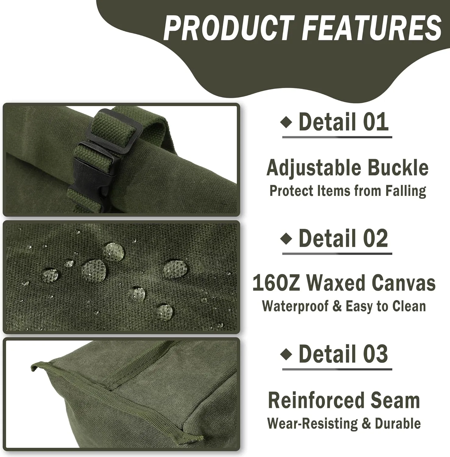 Kaaltisy Heavy Duty Lunch Bags Waxed Canvas Roll-top Lunch Boxes Waterproof Reusable Lunch Bag with Adjustable Buckle, Green, Hard Handfeel