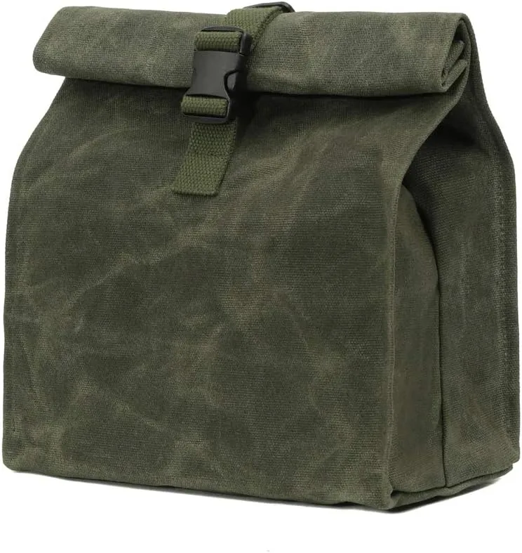 Kaaltisy Heavy Duty Lunch Bags Waxed Canvas Roll-top Lunch Boxes Waterproof Reusable Lunch Bag with Adjustable Buckle, Green, Hard Handfeel