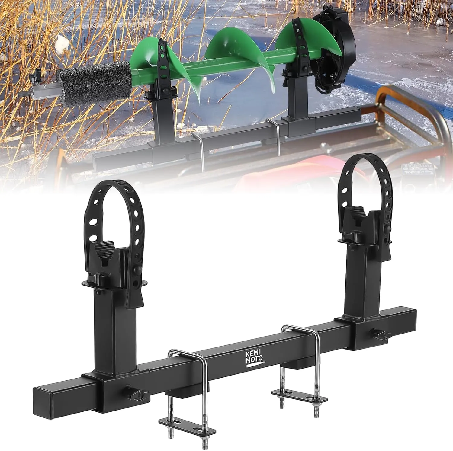 KEMIMOTO UTV ATV Ice Auger Holder Tool Rack, Universal U-Bolt Fit 0.79in-1.77in Square Tube Bow Carrier Fishing Auger Mount Shovel Axe Holder Compatible with ATV UTV w/ Square Bar, Rubber Straps