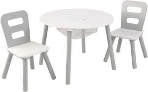 KidKraft Wooden Round Table & 2 Chair Set with Center Mesh Storage, Kids Furniture, Gray & White, Gift for Ages 3-6