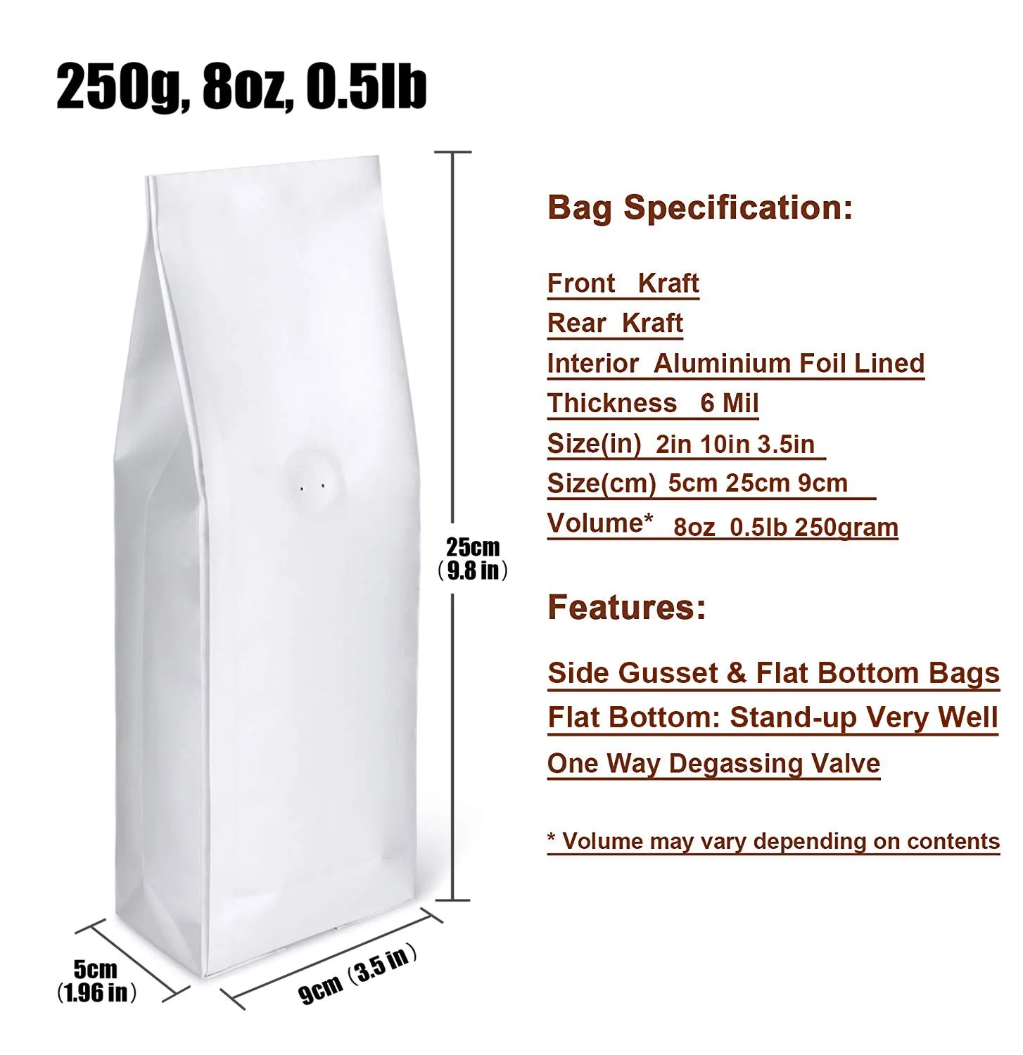 Kraft Paper Stand Up Coffee Bag/Side Gusset Pouch with Flat Bottom Coffee Beans Pouch with One Way Degassing Valve, 50 Pieces (White Kraft, 250g, 8oz, 0.5lb)