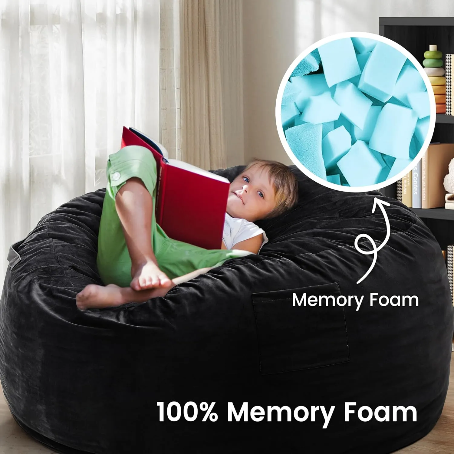 Kromax Large 3.5’ Bean Bag Chair for Kids, Teens, Adults, Memory Foam, Easy to Clean Washable Soft Suede Cover, Reinforced Zipper, Perfect for Living Room, Den, Bedroom, or Dorm, Black