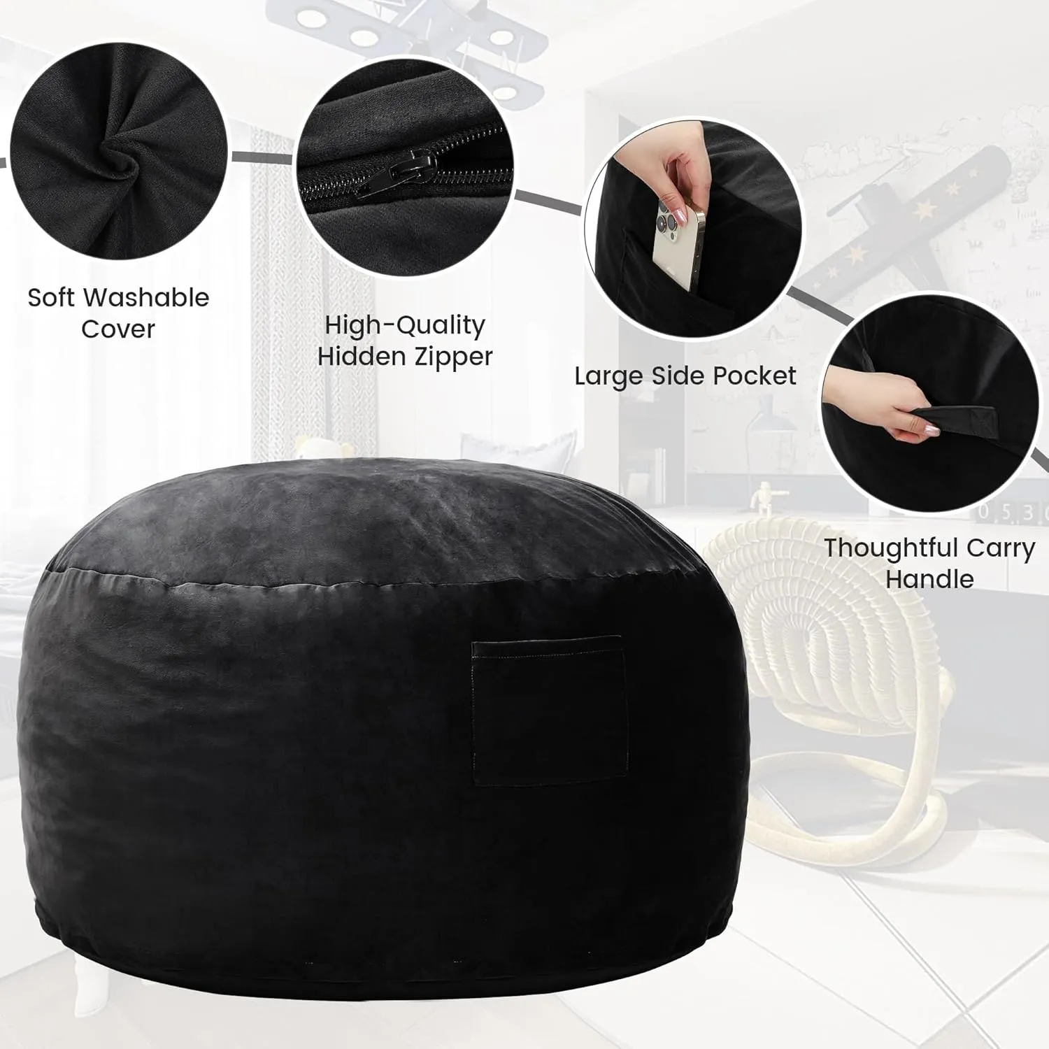 Kromax Large 3.5’ Bean Bag Chair for Kids, Teens, Adults, Memory Foam, Easy to Clean Washable Soft Suede Cover, Reinforced Zipper, Perfect for Living Room, Den, Bedroom, or Dorm, Black