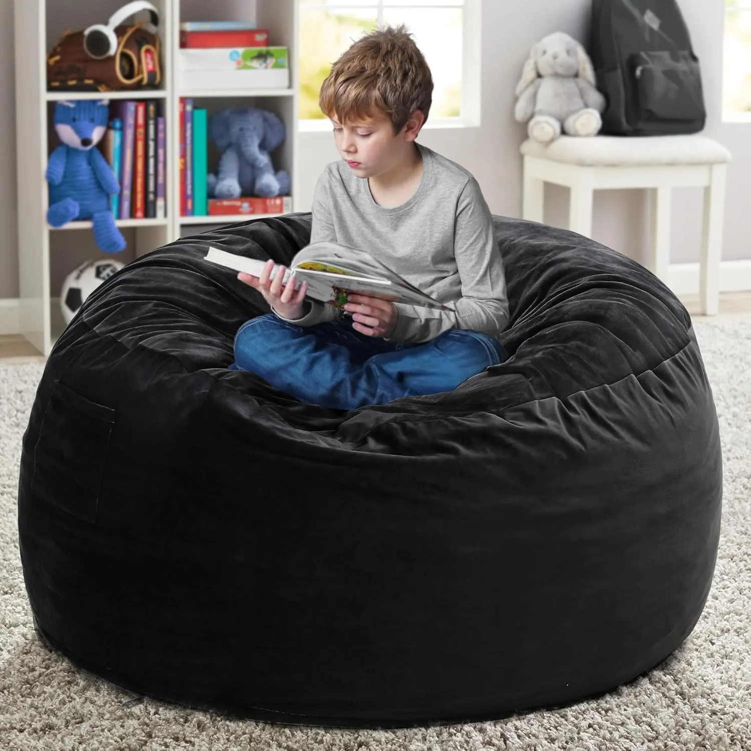Kromax Large 3.5’ Bean Bag Chair for Kids, Teens, Adults, Memory Foam, Easy to Clean Washable Soft Suede Cover, Reinforced Zipper, Perfect for Living Room, Den, Bedroom, or Dorm, Black