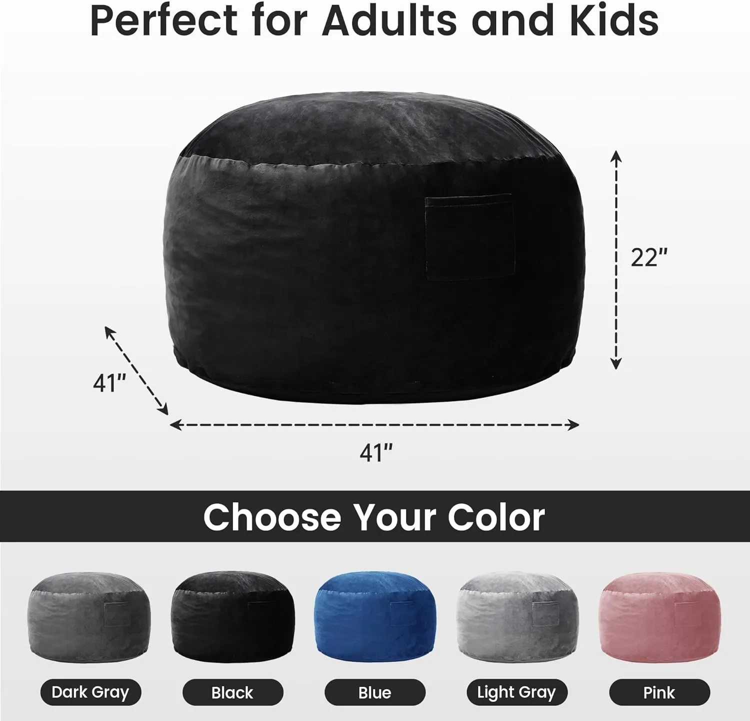 Kromax Large 3.5’ Bean Bag Chair for Kids, Teens, Adults, Memory Foam, Easy to Clean Washable Soft Suede Cover, Reinforced Zipper, Perfect for Living Room, Den, Bedroom, or Dorm, Black