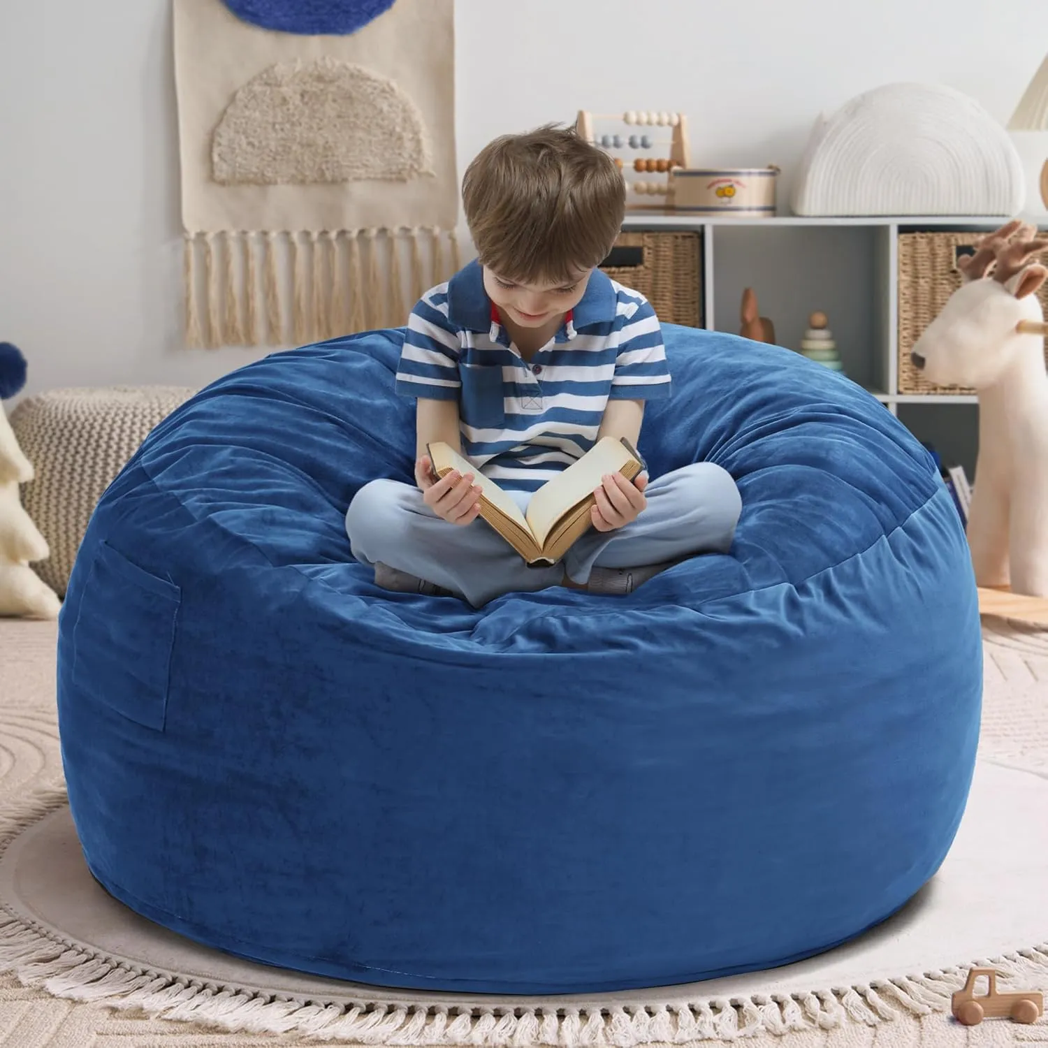 Kromax Large 3.5’ Bean Bag Chair for Kids, Teens, Adults, Memory Foam, Easy to Clean Washable Soft Suede Cover, Reinforced Zipper, Perfect for Living Room, Den, Bedroom, or Dorm, Blue