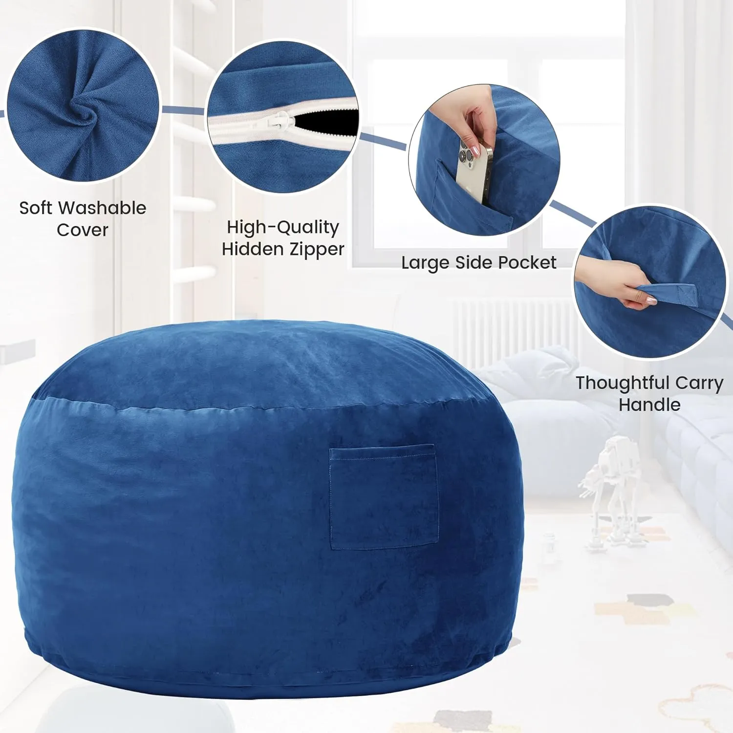 Kromax Large 3.5’ Bean Bag Chair for Kids, Teens, Adults, Memory Foam, Easy to Clean Washable Soft Suede Cover, Reinforced Zipper, Perfect for Living Room, Den, Bedroom, or Dorm, Blue