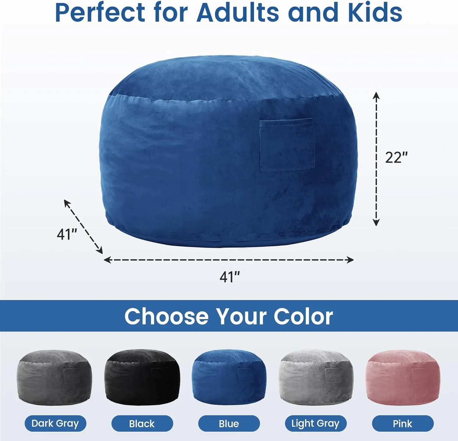 Kromax Large 3.5’ Bean Bag Chair for Kids, Teens, Adults, Memory Foam, Easy to Clean Washable Soft Suede Cover, Reinforced Zipper, Perfect for Living Room, Den, Bedroom, or Dorm, Blue