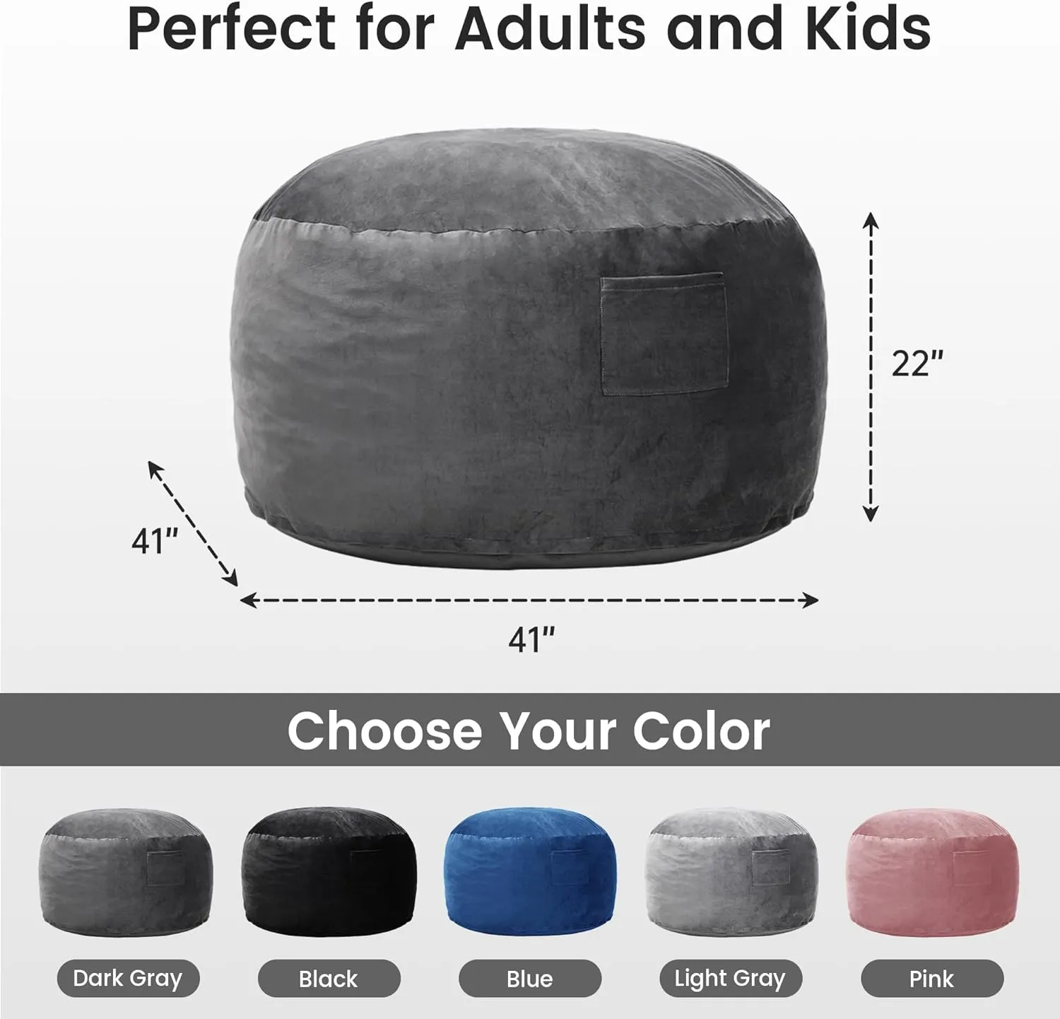 Kromax Large 3.5’ Bean Bag Chair for Kids, Teens, Adults, Memory Foam, Easy to Clean Washable Soft Suede Cover, Reinforced Zipper, Perfect for Living Room, Den, Bedroom, or Dorm, Dark Grey