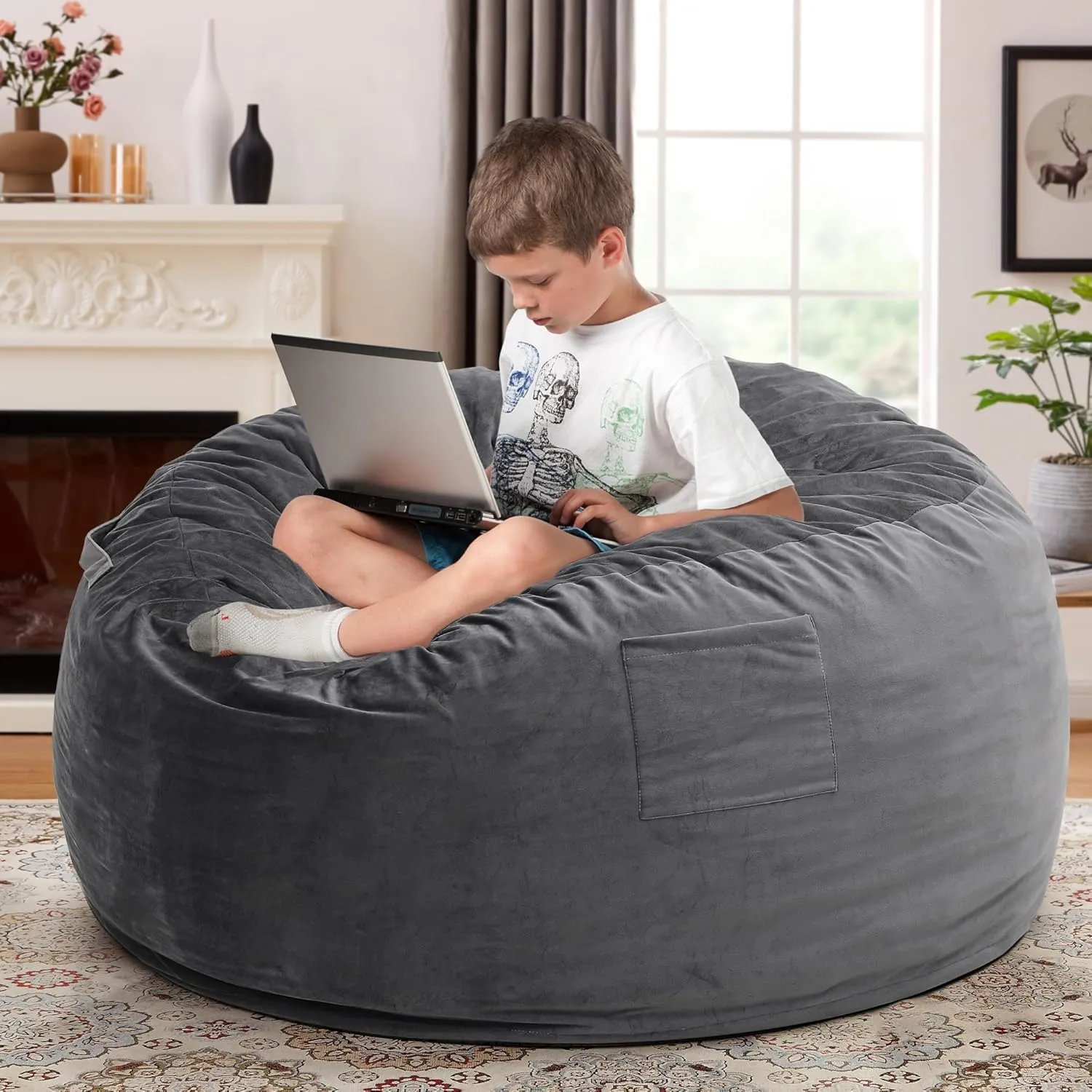 Kromax Large 3.5’ Bean Bag Chair for Kids, Teens, Adults, Memory Foam, Easy to Clean Washable Soft Suede Cover, Reinforced Zipper, Perfect for Living Room, Den, Bedroom, or Dorm, Dark Grey
