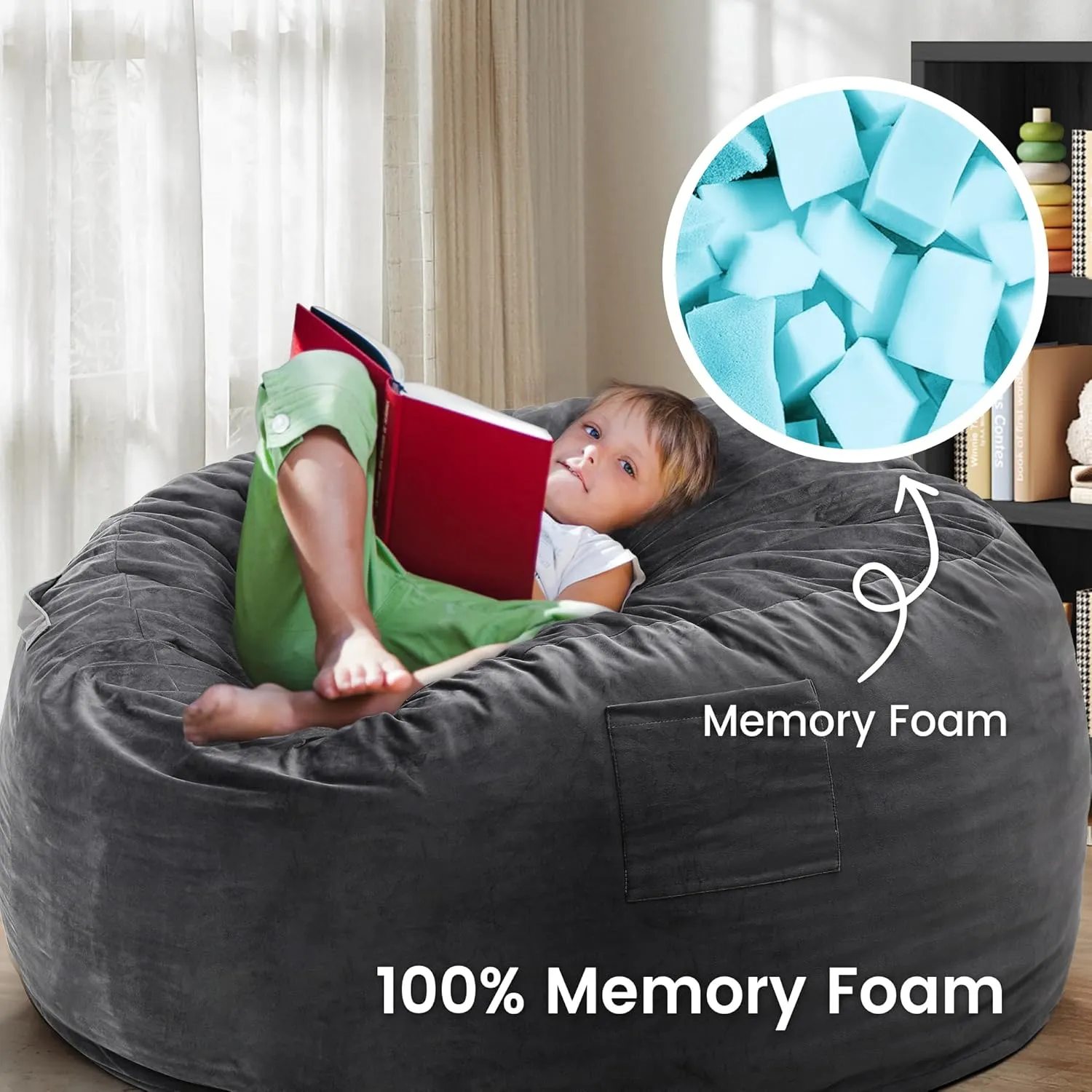 Kromax Large 3.5’ Bean Bag Chair for Kids, Teens, Adults, Memory Foam, Easy to Clean Washable Soft Suede Cover, Reinforced Zipper, Perfect for Living Room, Den, Bedroom, or Dorm, Dark Grey