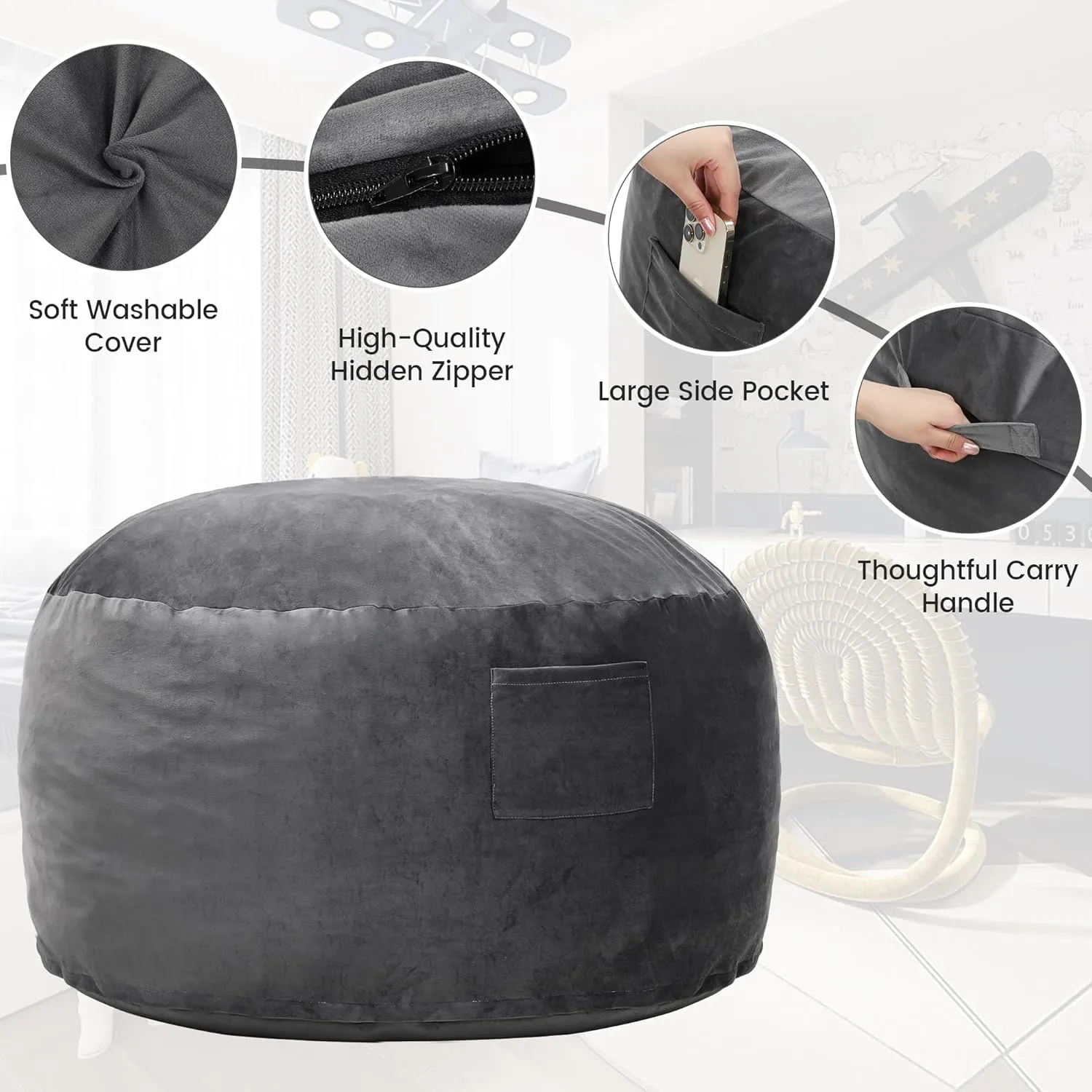 Kromax Large 3.5’ Bean Bag Chair for Kids, Teens, Adults, Memory Foam, Easy to Clean Washable Soft Suede Cover, Reinforced Zipper, Perfect for Living Room, Den, Bedroom, or Dorm, Dark Grey