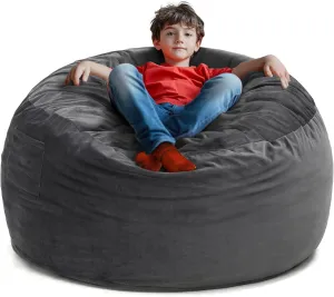 Kromax Large 3.5’ Bean Bag Chair for Kids, Teens, Adults, Memory Foam, Easy to Clean Washable Soft Suede Cover, Reinforced Zipper, Perfect for Living Room, Den, Bedroom, or Dorm, Dark Grey