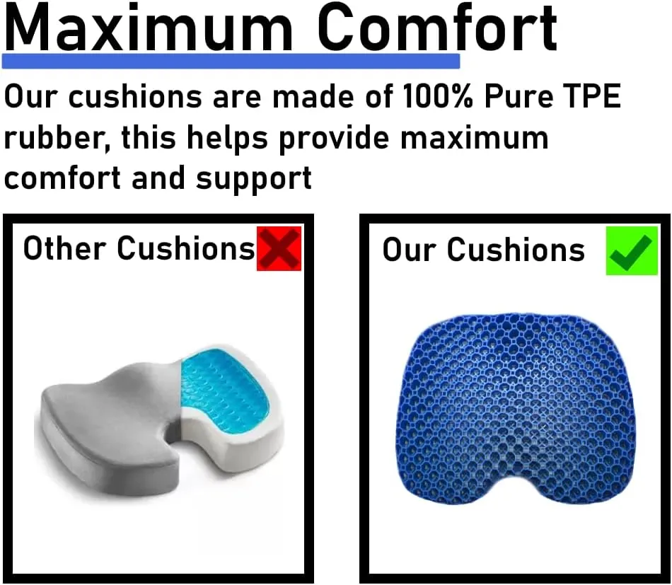 Large Blue Gel Seat Cushion - Honeycomb Cooling Seat Cushion Back Support, Pressure Relief & Long Sitting - Non-Slip Cushion Traveling, Wheelchair, Car Seat, Office & Gaming Chair