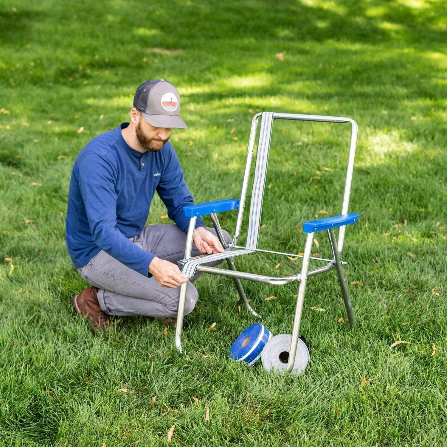 Lawn Chair USA Chair Replacement Lawn Chair Webbing - Webbing for Lawn Chairs. UV-Resistant Straps Made with Durable Polypropylene. Chair Webbing Kit (Blue Sands & Sea Island White, 3" X 50")