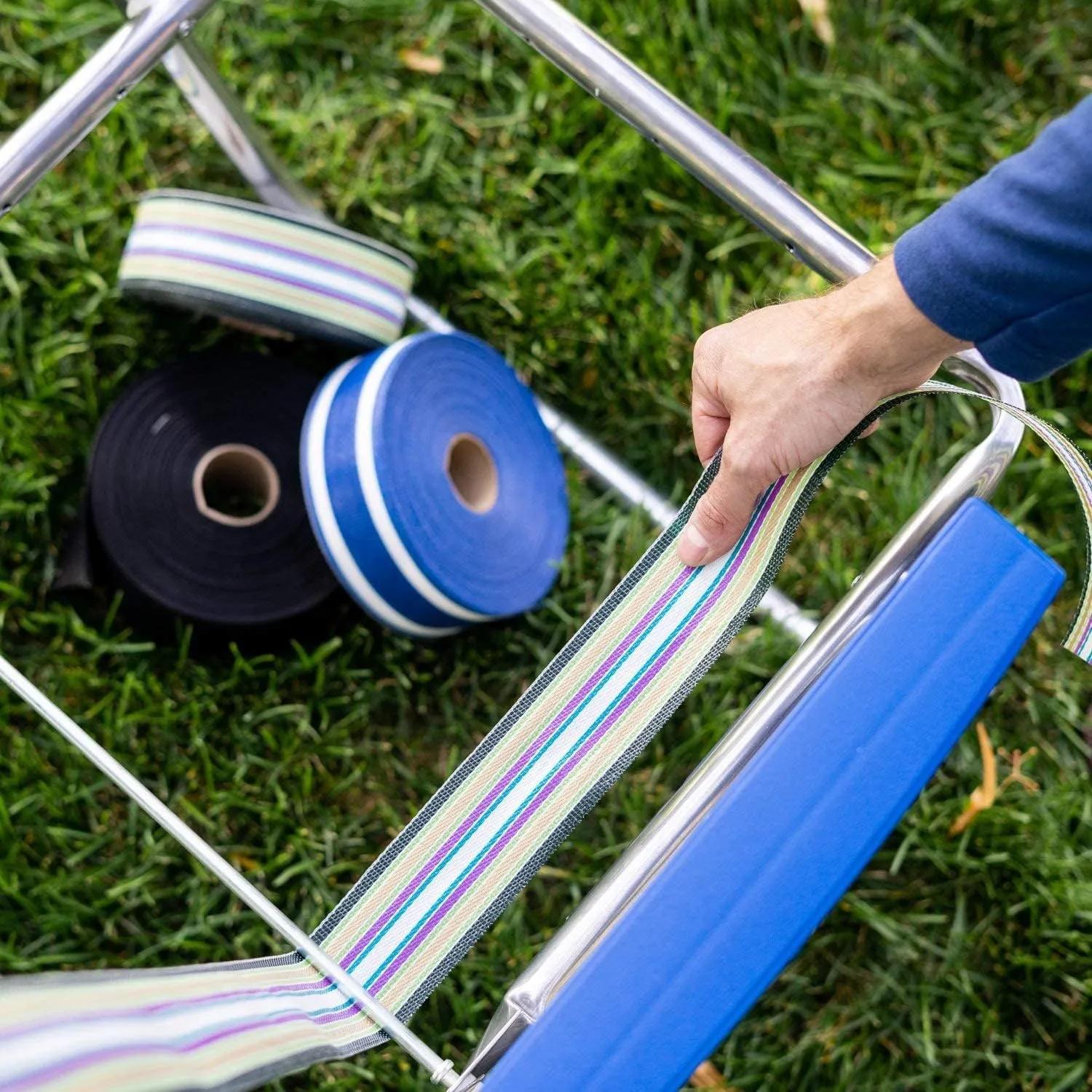 Lawn Chair USA Chair Replacement Lawn Chair Webbing - Webbing for Lawn Chairs. UV-Resistant Straps Made with Durable Polypropylene. Chair Webbing Kit (Blue Sands & Sea Island White, 3" X 50")