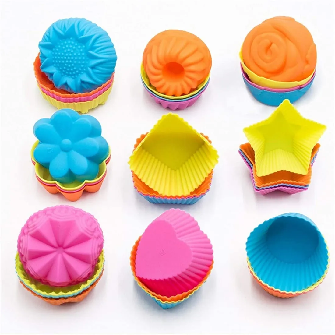 Letgo Shop Silicone Cupcake Liners Reusable Baking Cups Nonstick Easy Clean Pastry Muffin Molds 4 Shapes Round, Stars, Heart, Flowers, 24 Pieces Colorful-WIL-106-B01HPWDWT6
