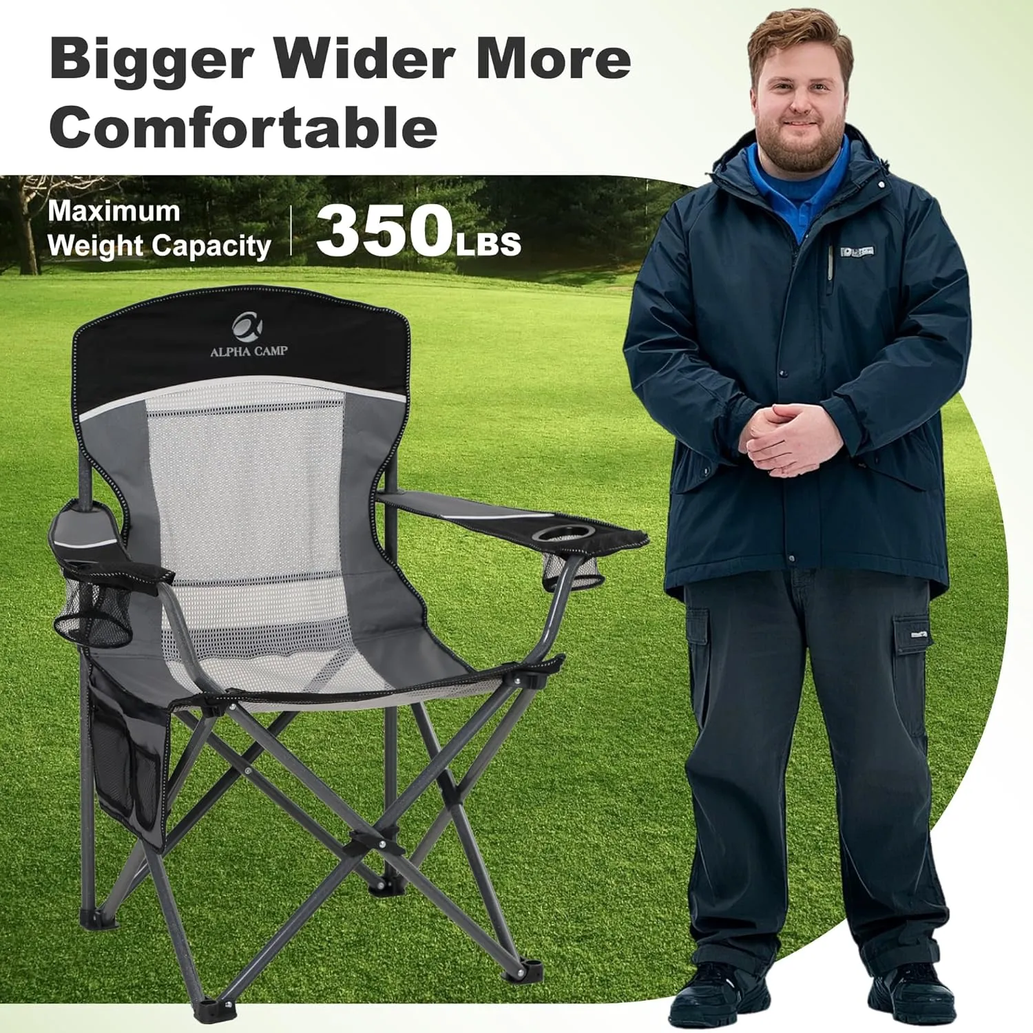 LET'S CAMP 2 Pack Mesh Back Camping Chair Portable Folding Heavy Duty Outdoor Chair Support 330 LBS Durable Large Arm Chair with Cup Holder and Carry Bag for Camp, Fishing, Hiking, Black