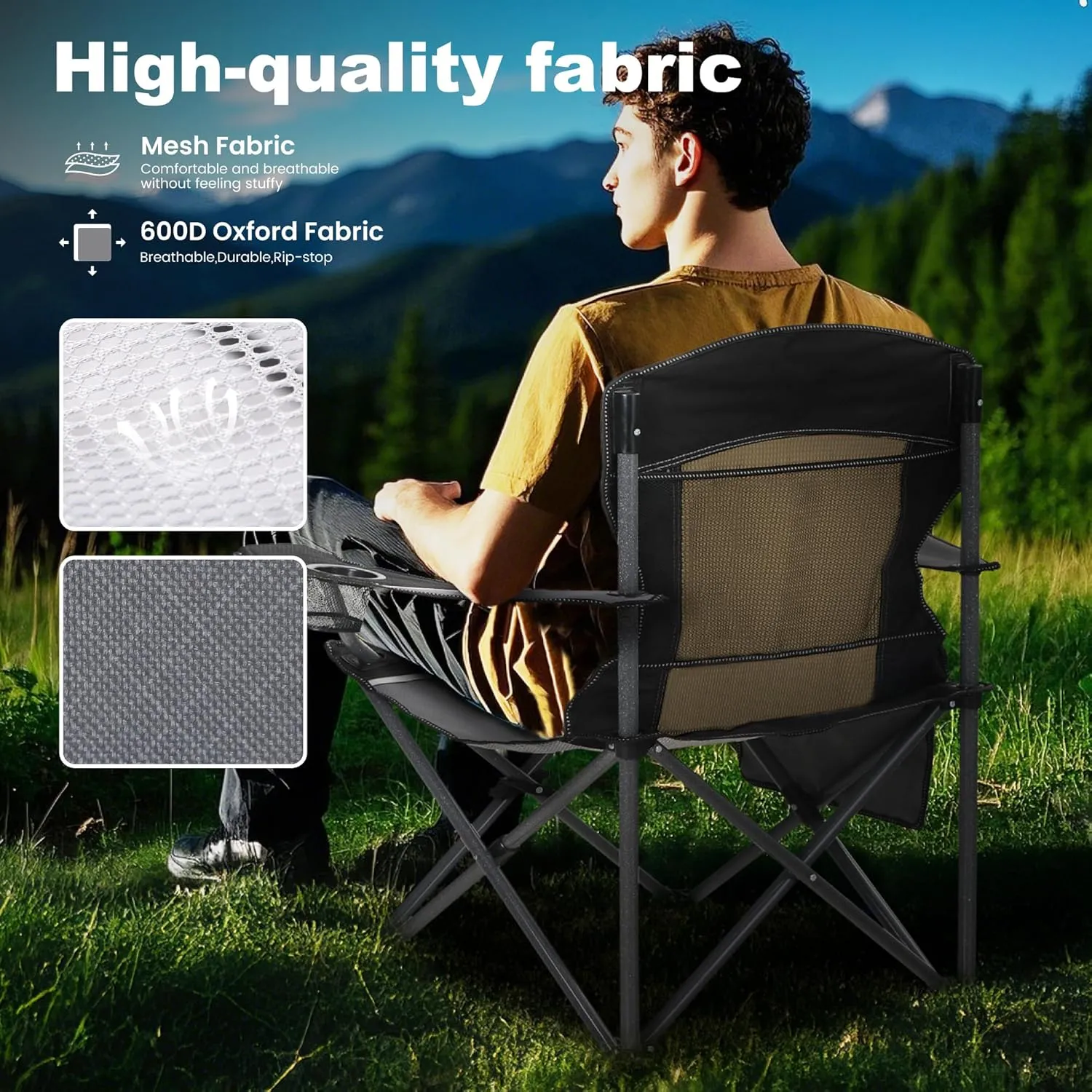 LET'S CAMP 2 Pack Mesh Back Camping Chair Portable Folding Heavy Duty Outdoor Chair Support 330 LBS Durable Large Arm Chair with Cup Holder and Carry Bag for Camp, Fishing, Hiking, Black