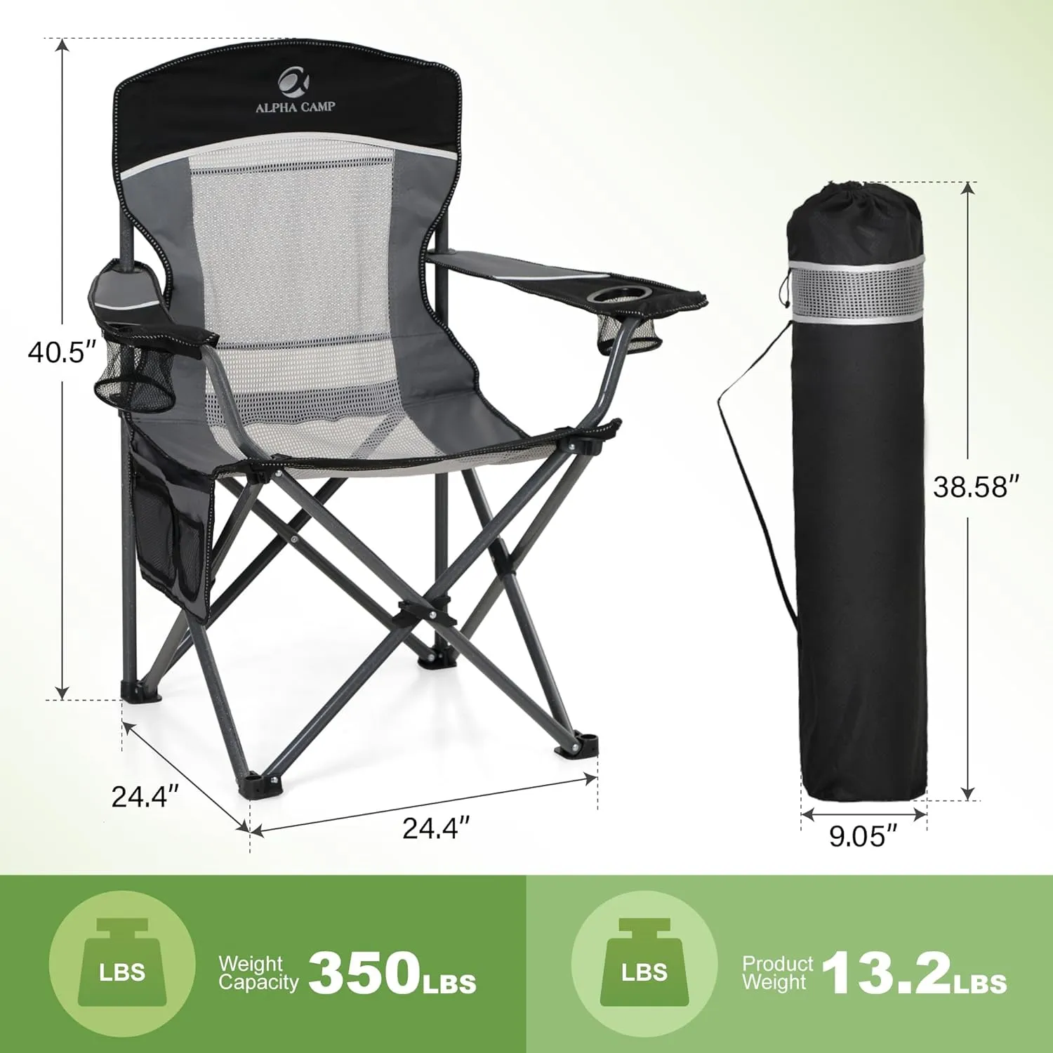 LET'S CAMP 2 Pack Mesh Back Camping Chair Portable Folding Heavy Duty Outdoor Chair Support 330 LBS Durable Large Arm Chair with Cup Holder and Carry Bag for Camp, Fishing, Hiking, Black