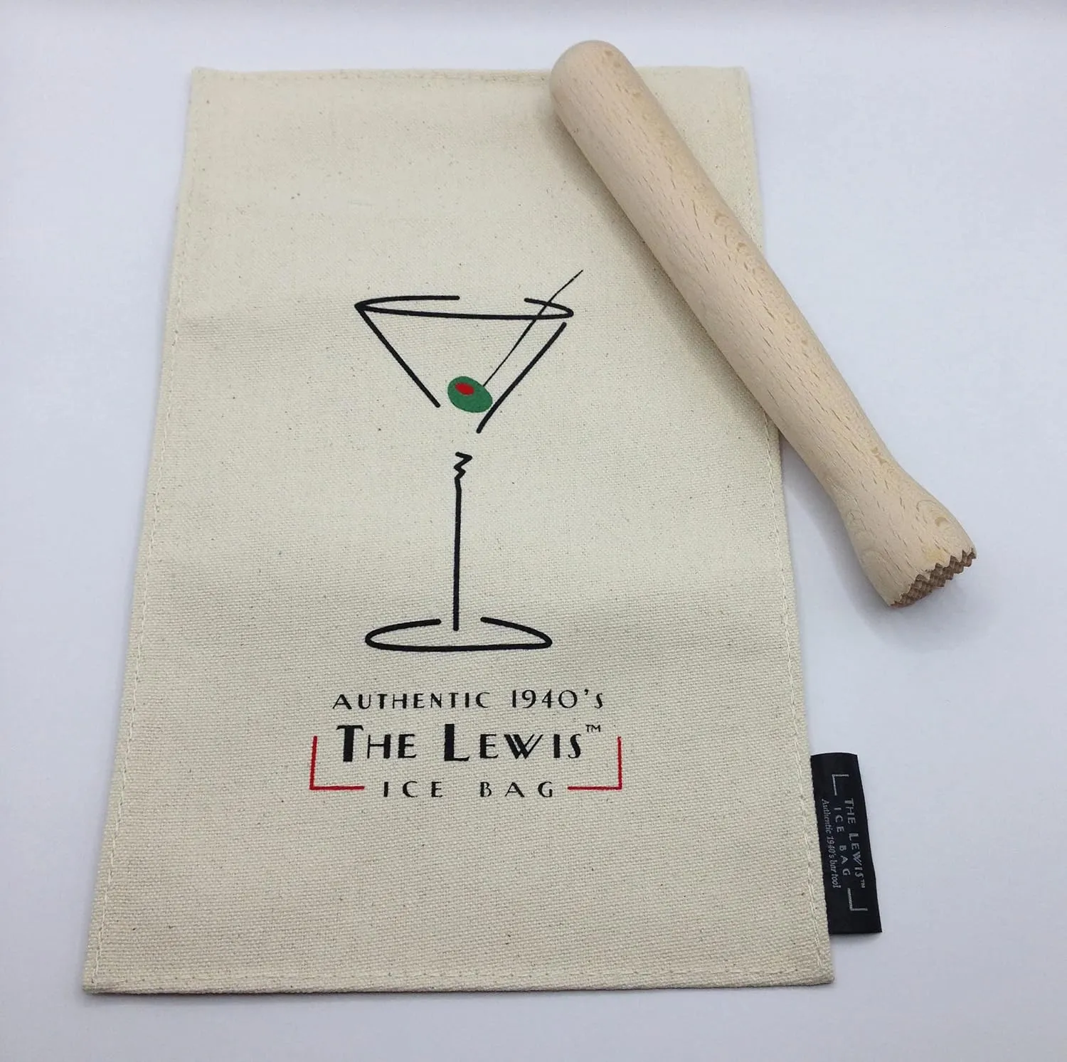 Lewis Ice Bag|Canvas Bag with Muddler Kit & Bar Tools Kitchen Accessory 8", Ice Bag & Muddler 7-1/2 Inch x 11 Inch