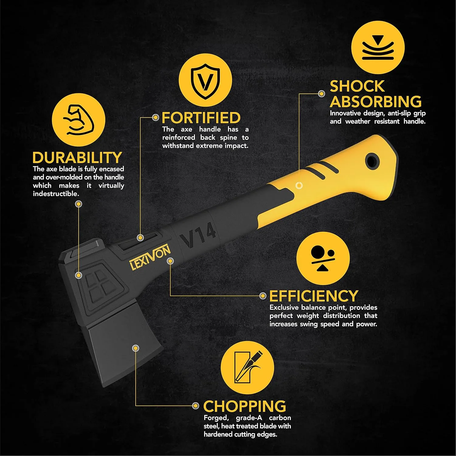 LEXIVON V14 Camping Hatchet, 14-Inch Axe | Ergonomic TPR Grip, Lightweight Fiber-Glass Composite Handle | Protective Carrying Sheath Included (LX-V14)