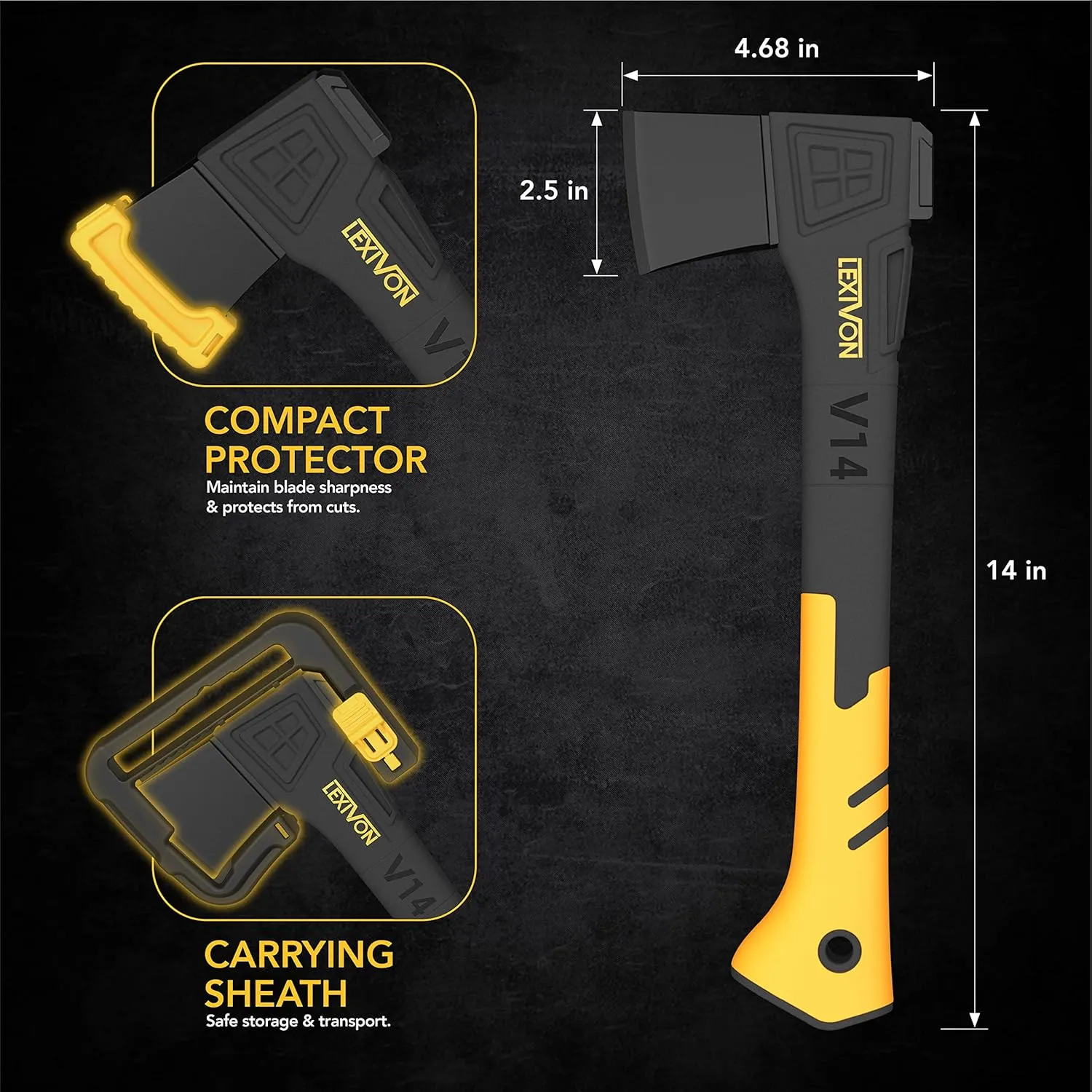 LEXIVON V14 Camping Hatchet, 14-Inch Axe | Ergonomic TPR Grip, Lightweight Fiber-Glass Composite Handle | Protective Carrying Sheath Included (LX-V14)