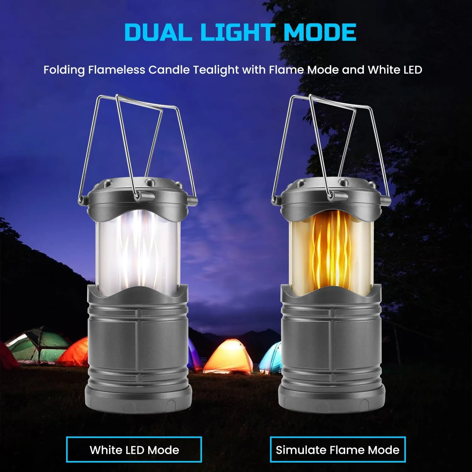 Lichamp 4 Pack LED Camping Lanterns, Collapsible Flameless Candles Tea Lights, Portable Battery Powered Camping Lights Emergency Supplies Kit, Dark Gray