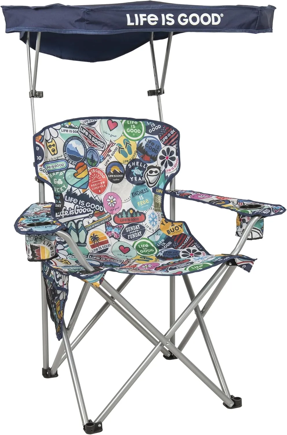 Life is Good Max Shade Chair, Portable Folding Chair with Canopy and Cup Holders for Beach, Sports, Tailgates, Camping, Fishing, Logo Blue