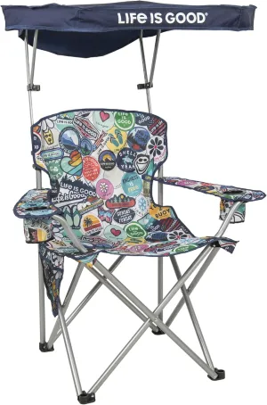 Life is Good Max Shade Chair, Portable Folding Chair with Canopy and Cup Holders for Beach, Sports, Tailgates, Camping, Fishing, Logo Blue
