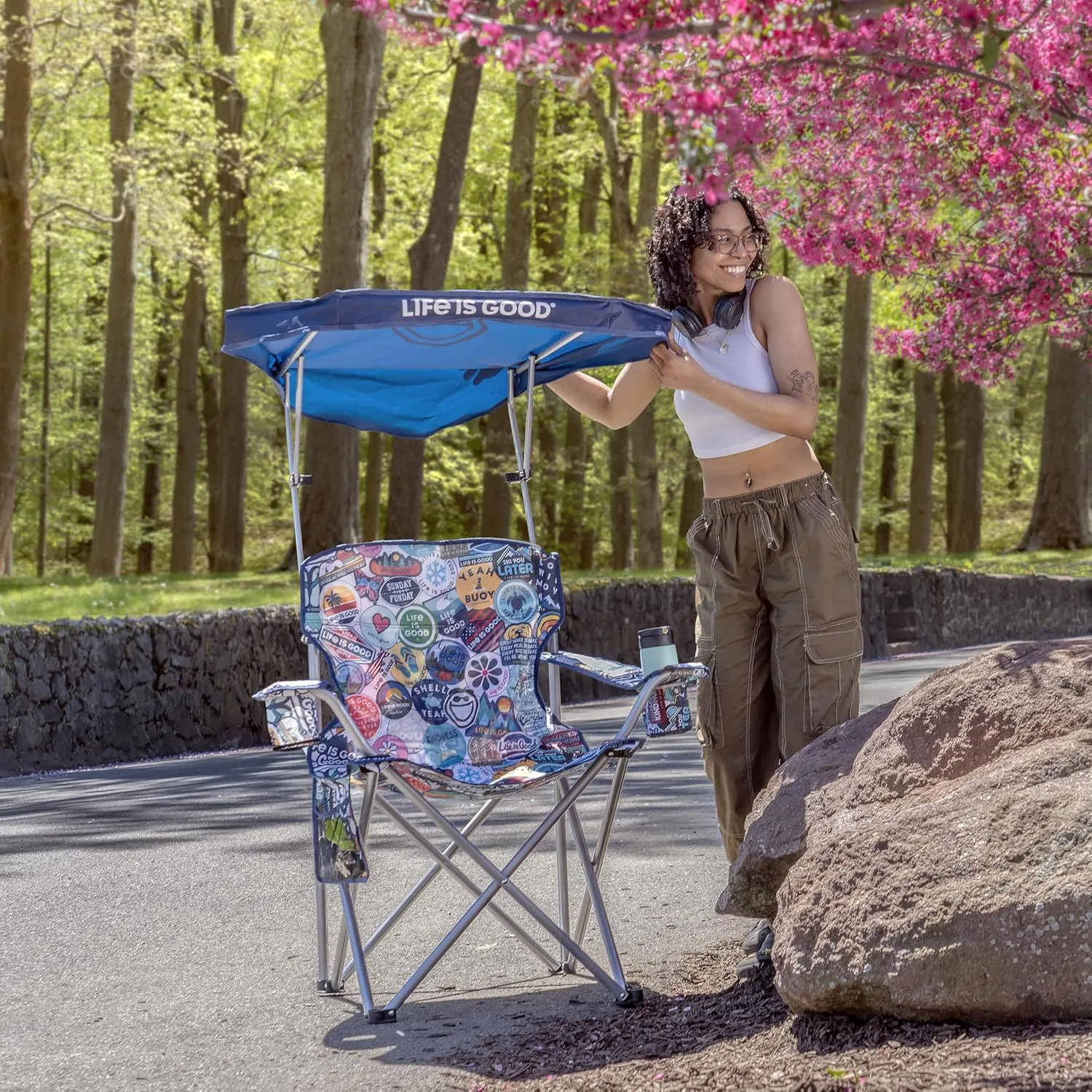 Life is Good Max Shade Chair, Portable Folding Chair with Canopy and Cup Holders for Beach, Sports, Tailgates, Camping, Fishing, Logo Blue