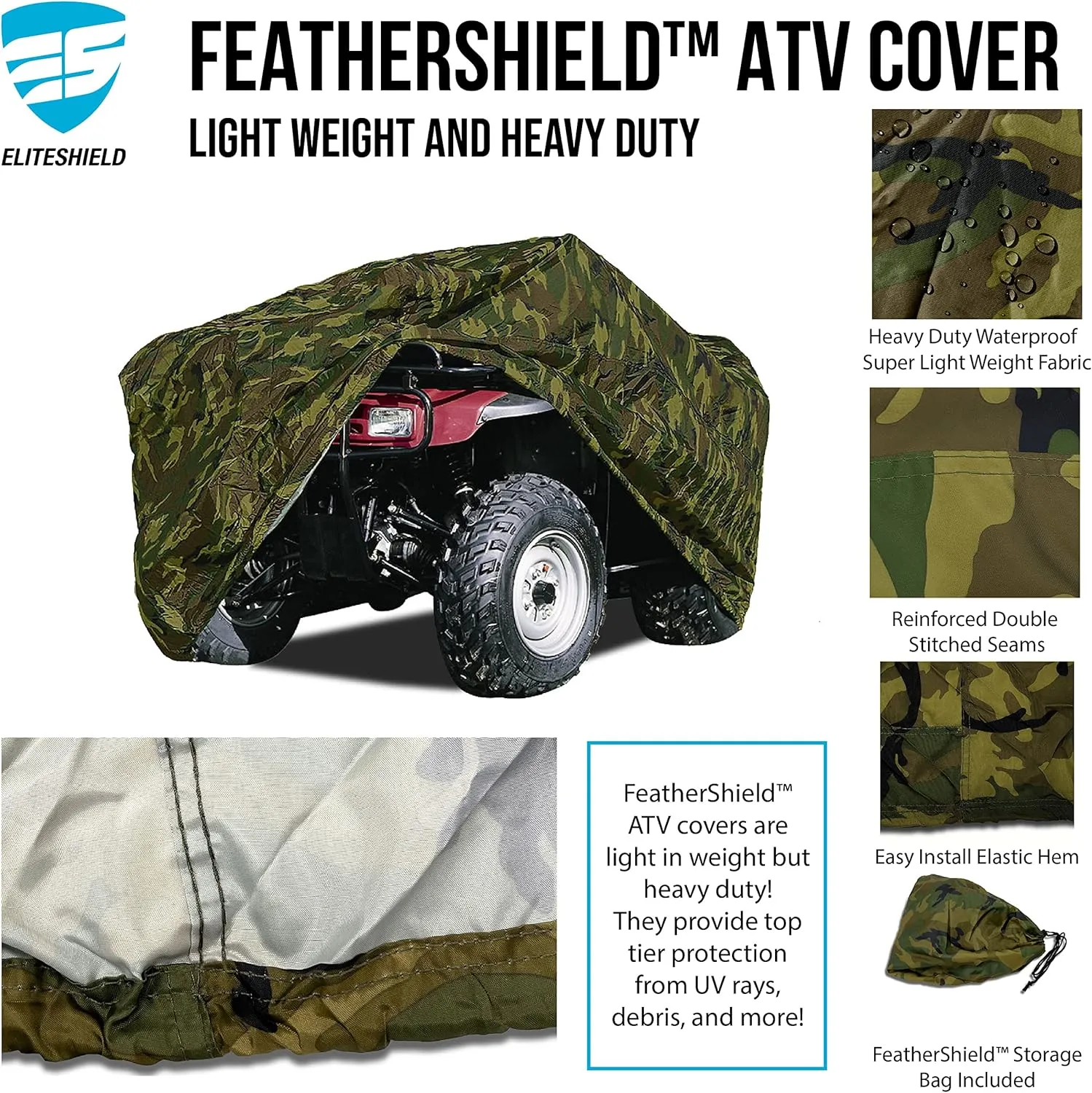 Lightweight ATV Cover, Weatherproof Quad Cover, Water and Wind Resistant Four Wheeler Cover for Polaris Kawasaki Yamaha Suzuki Honda Arctic Cat Can-Am, Camo Color fits up to 86" Long