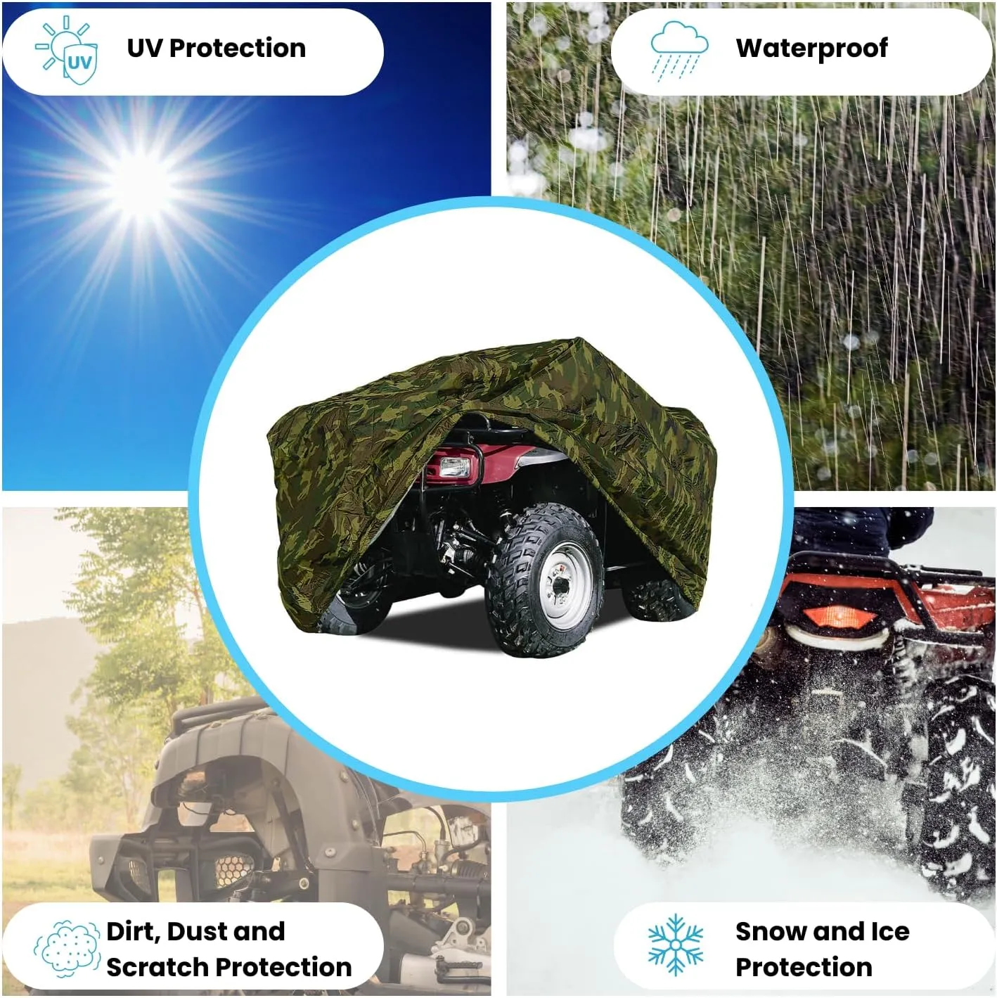 Lightweight ATV Cover, Weatherproof Quad Cover, Water and Wind Resistant Four Wheeler Cover for Polaris Kawasaki Yamaha Suzuki Honda Arctic Cat Can-Am, Camo Color fits up to 86" Long