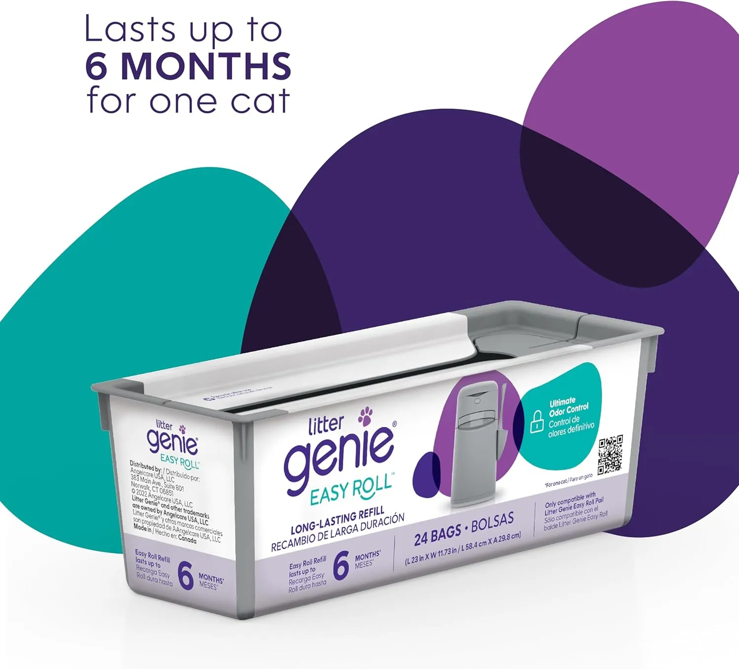 Litter Genie Easy Roll Continuous Refill Bags (2-Pack) | Multi-Layers of Odor-Barrier Technology | Includes 24 Bags