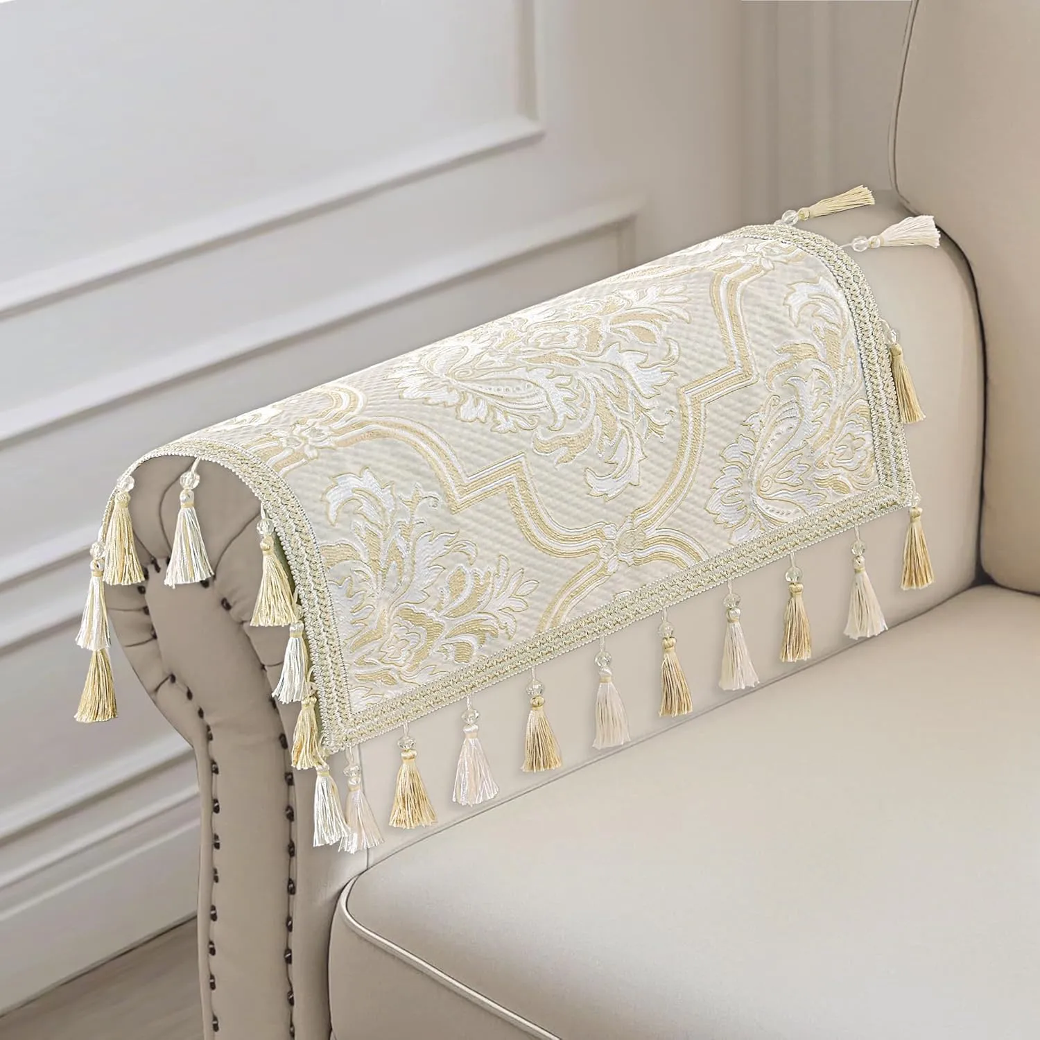 Loom and Mill Luxury Elegant Sofa Arm Covers 2 PCS, European Damask Floral Couch Armrest Cover with Tassels, Non-Slip Furniture Protector for Chair Sofa Recliners Couch Dogs Pets, Beige Gold, 20x24in