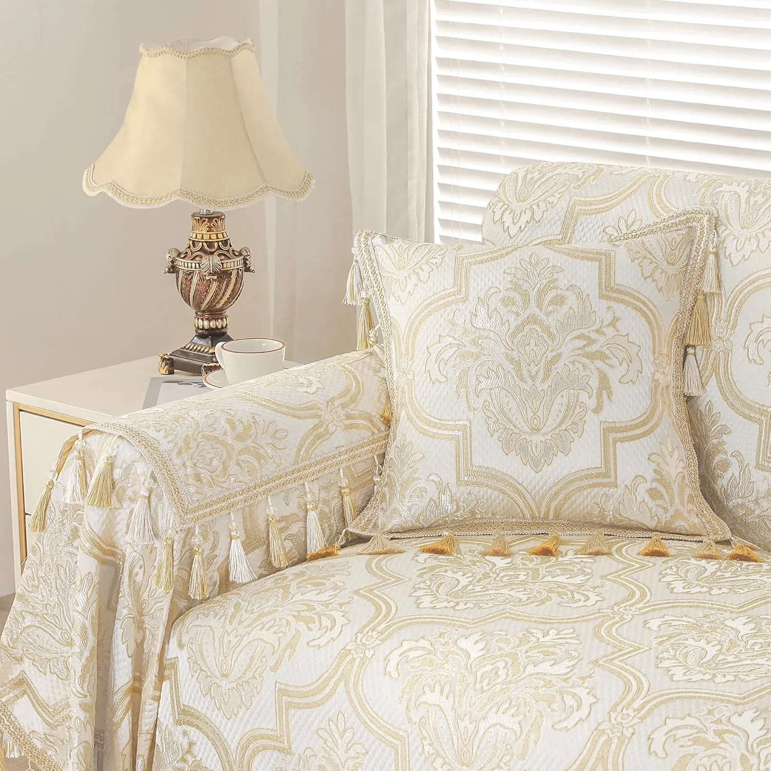Loom and Mill Luxury Elegant Sofa Arm Covers 2 PCS, European Damask Floral Couch Armrest Cover with Tassels, Non-Slip Furniture Protector for Chair Sofa Recliners Couch Dogs Pets, Beige Gold, 20x24in