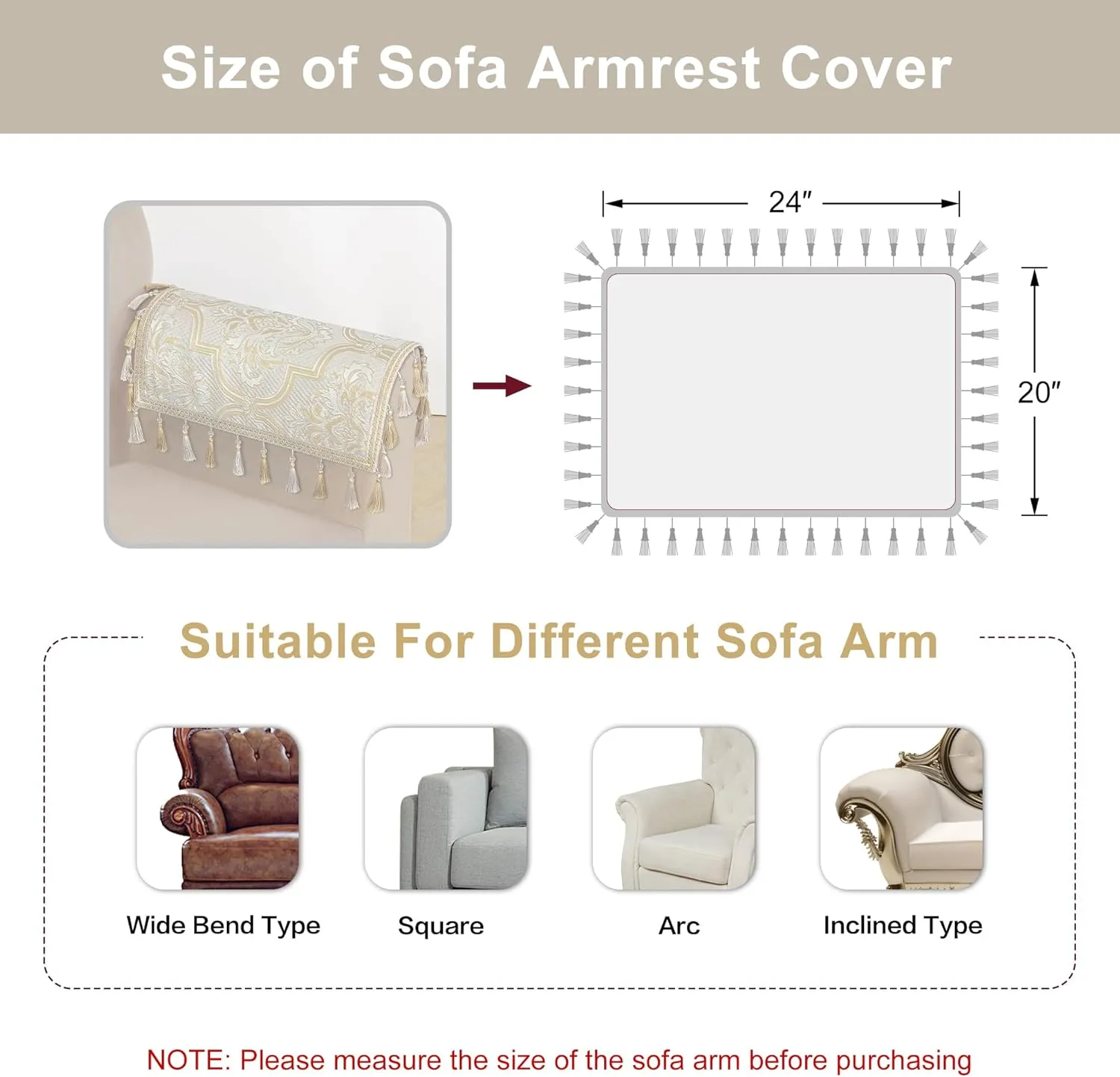 Loom and Mill Luxury Elegant Sofa Arm Covers 2 PCS, European Damask Floral Couch Armrest Cover with Tassels, Non-Slip Furniture Protector for Chair Sofa Recliners Couch Dogs Pets, Beige Gold, 20x24in