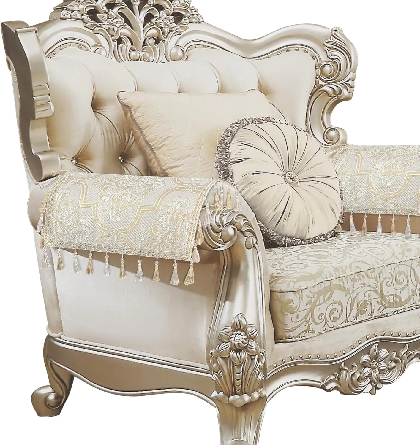 Loom and Mill Luxury Elegant Sofa Arm Covers 2 PCS, European Damask Floral Couch Armrest Cover with Tassels, Non-Slip Furniture Protector for Chair Sofa Recliners Couch Dogs Pets, Beige Gold, 20x24in