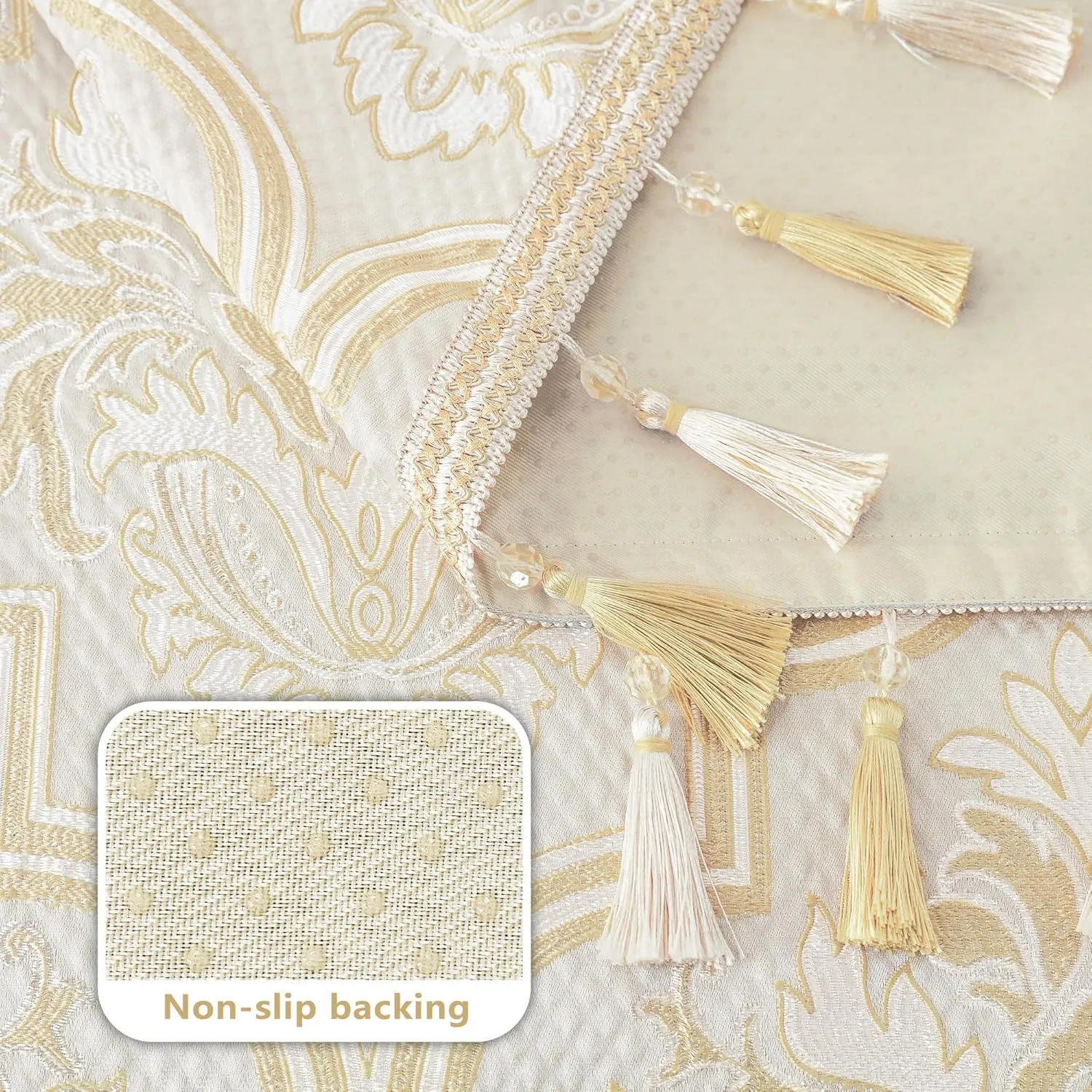 Loom and Mill Luxury Elegant Sofa Arm Covers 2 PCS, European Damask Floral Couch Armrest Cover with Tassels, Non-Slip Furniture Protector for Chair Sofa Recliners Couch Dogs Pets, Beige Gold, 20x24in